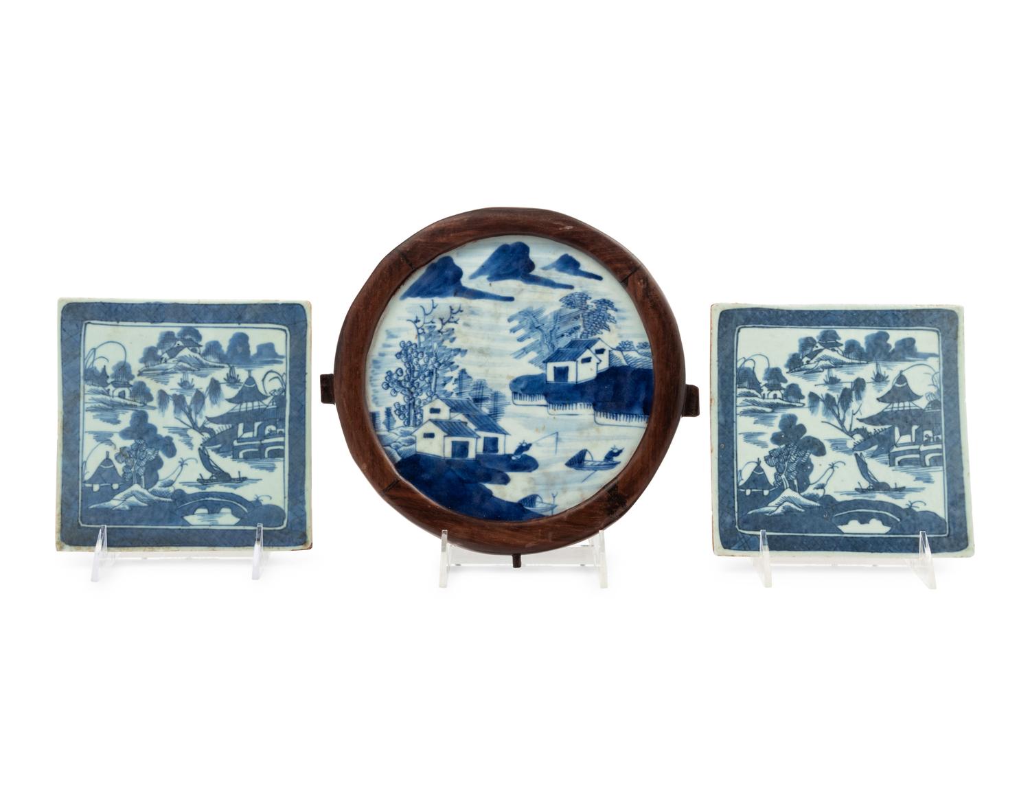 Three Chinese Export Canton Blue and White Porcelain Plaques
