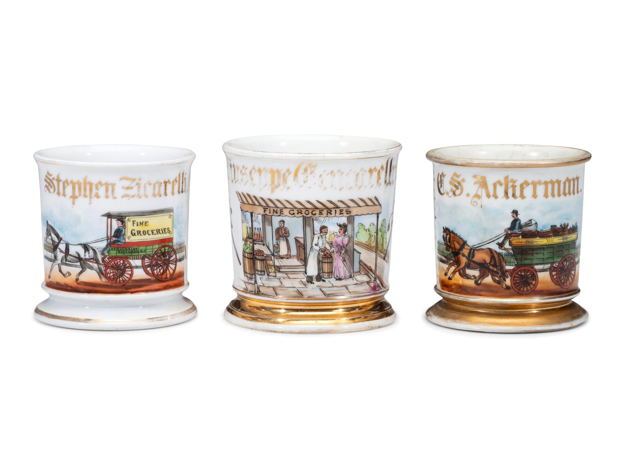 Three Grocer's Porcelain Occupational Shaving Mugs