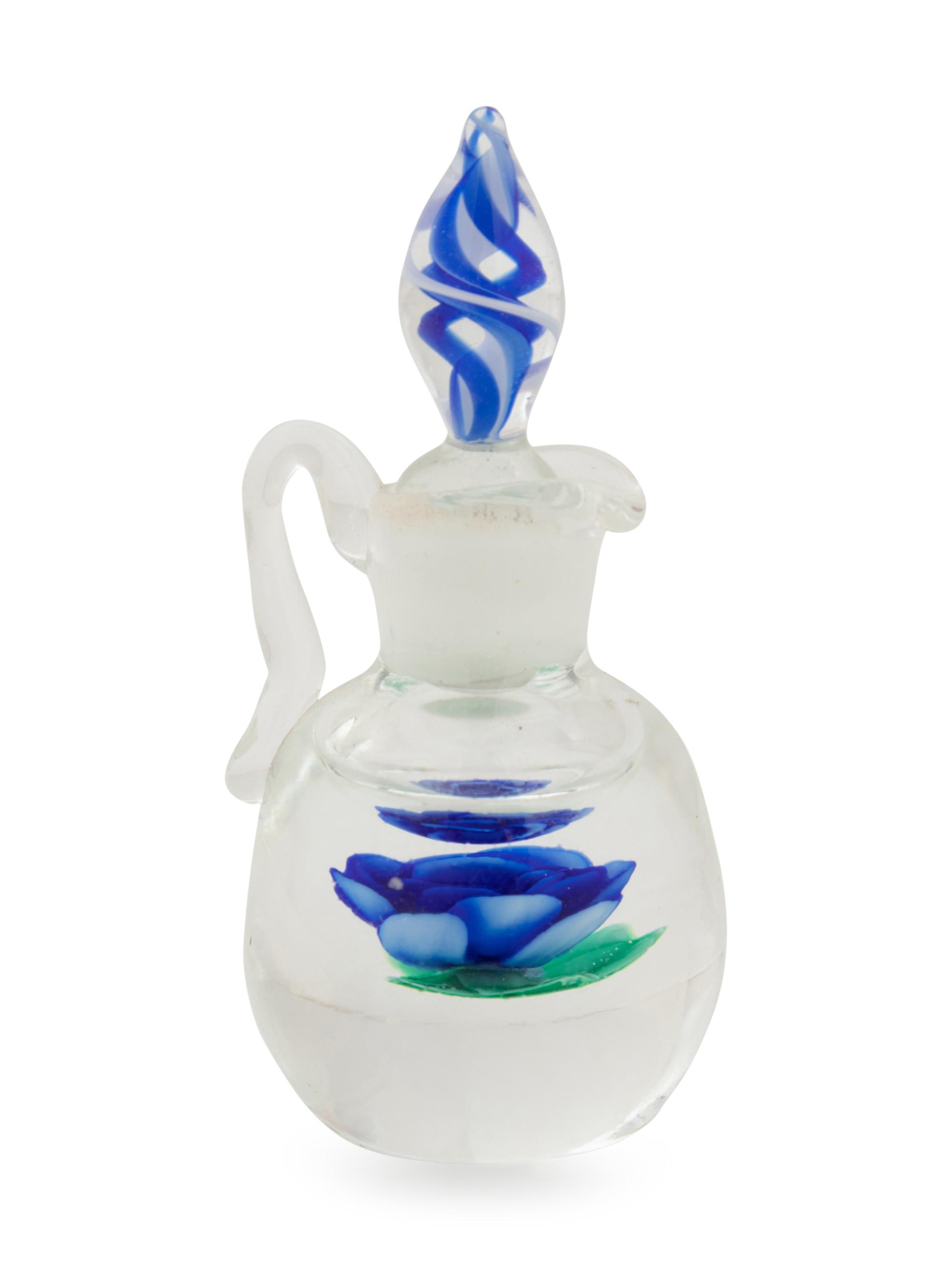 A Francis Whittemore Blue Crimp Rose Miniature Glass Bottle with Twist Stopper