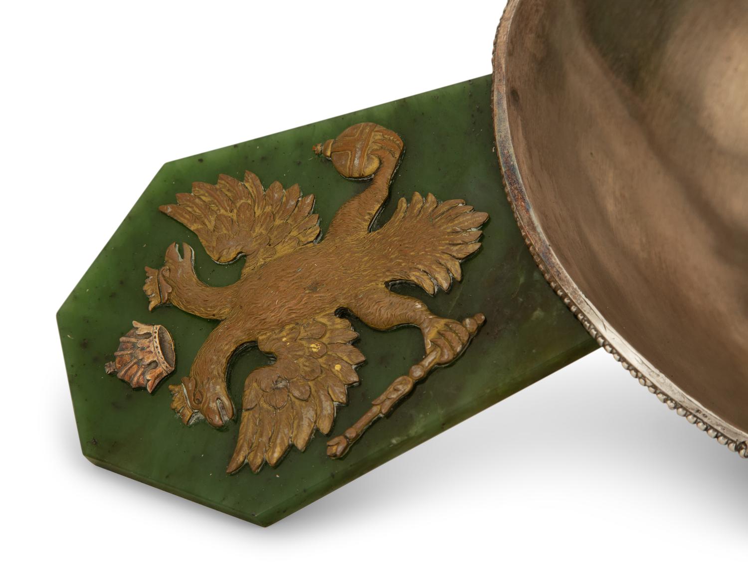 A Large Russian Silver and Jade-Mounted Kovsh