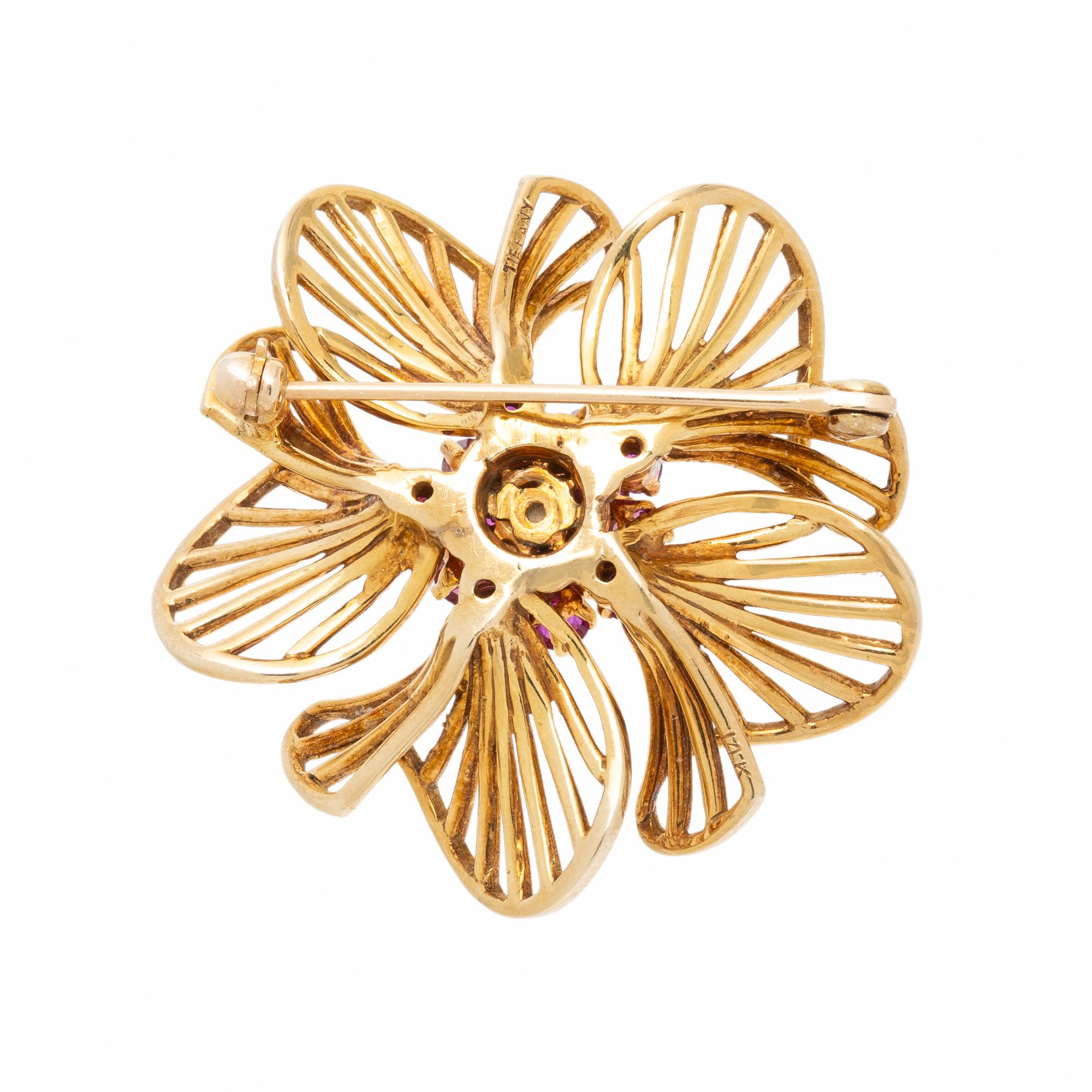 Tiffany & Co., Ruby, Diamond, and Yellow Gold Flower Brooch