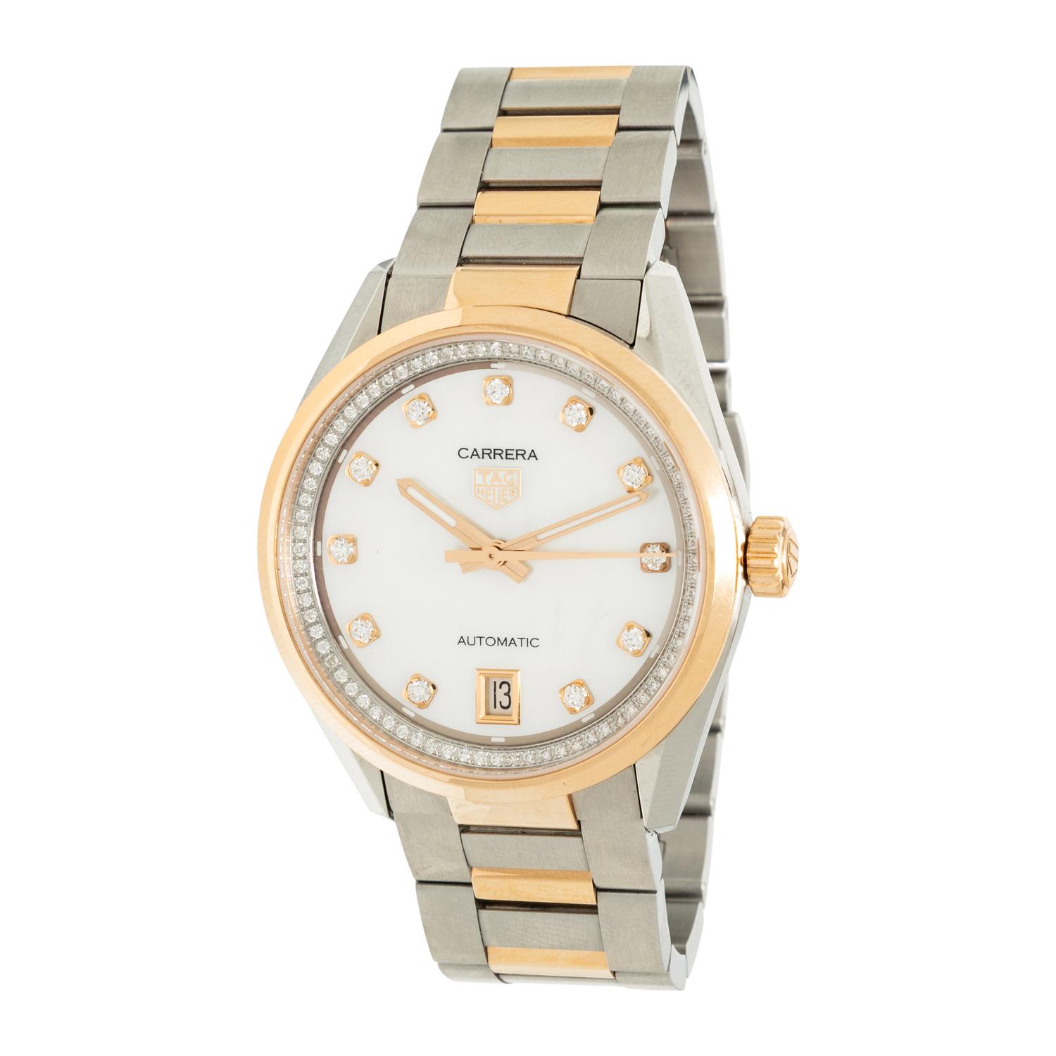 TAG HEUER, REF. WBN2351 'CARRERA' STAINLESS STEEL AND 18K ROSE GOLD DATE WATCH WITH DIAMONDS AND MOTHER-OF-PEARL DIAL