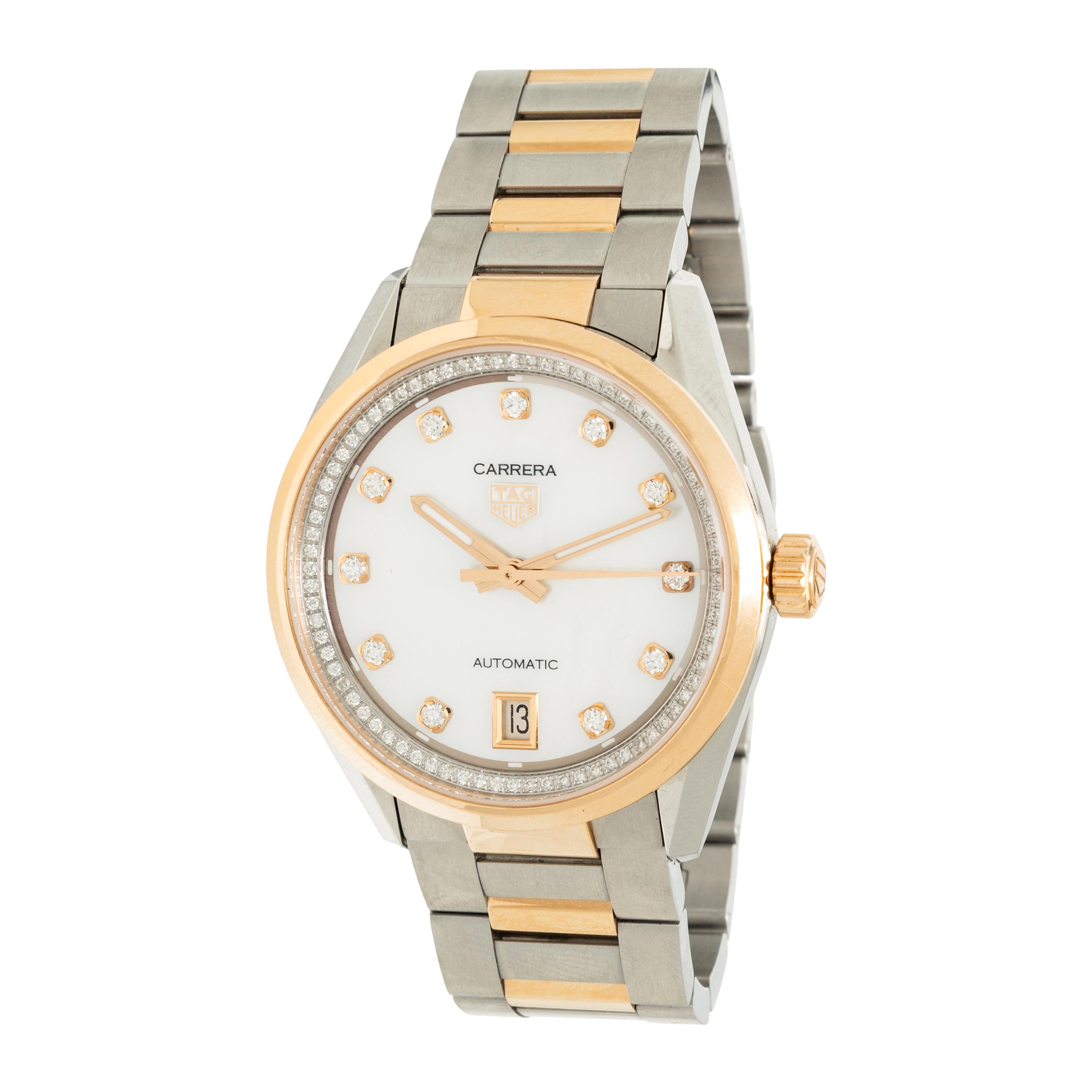 TAG HEUER, REF. WBN2351 'CARRERA' STAINLESS STEEL AND 18K ROSE GOLD DATE WATCH WITH DIAMONDS AND MOTHER-OF-PEARL DIAL