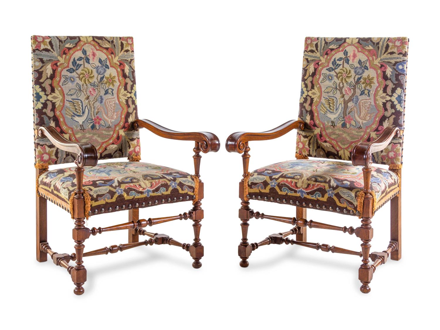 A Pair of Renaissance Revival Walnut Armchairs