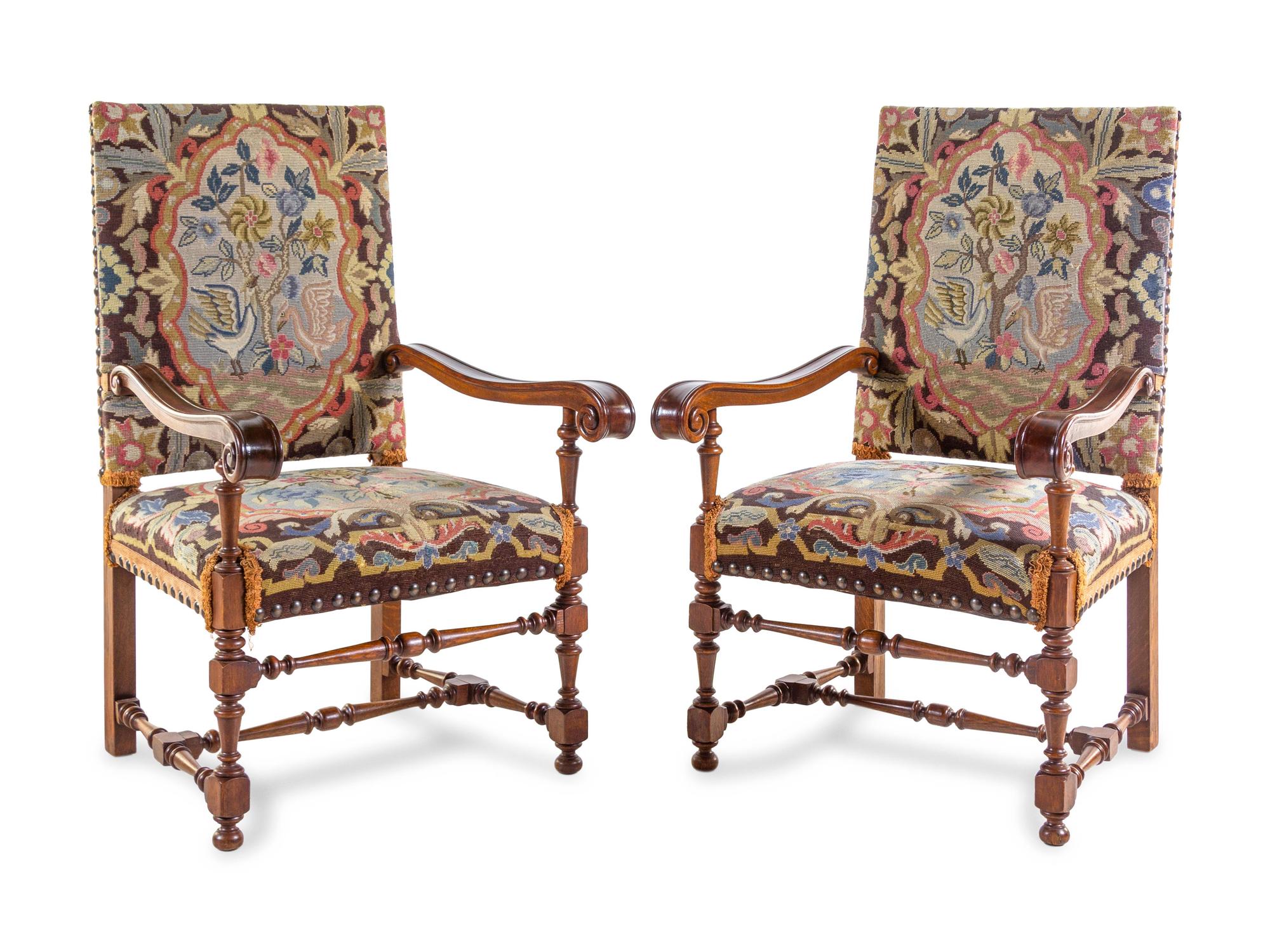 A Pair of Renaissance Revival Walnut Armchairs