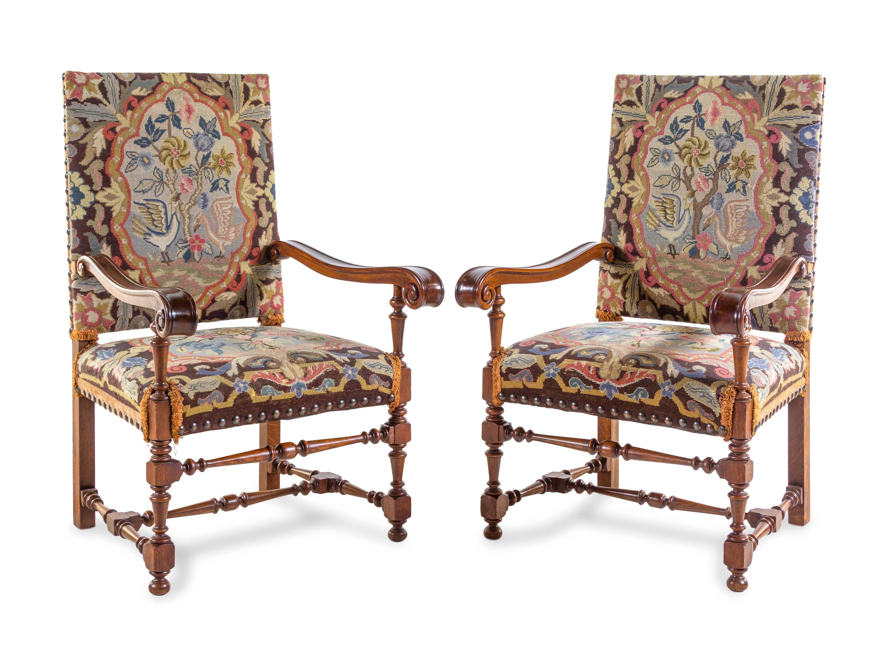 A Pair of Renaissance Revival Walnut Armchairs