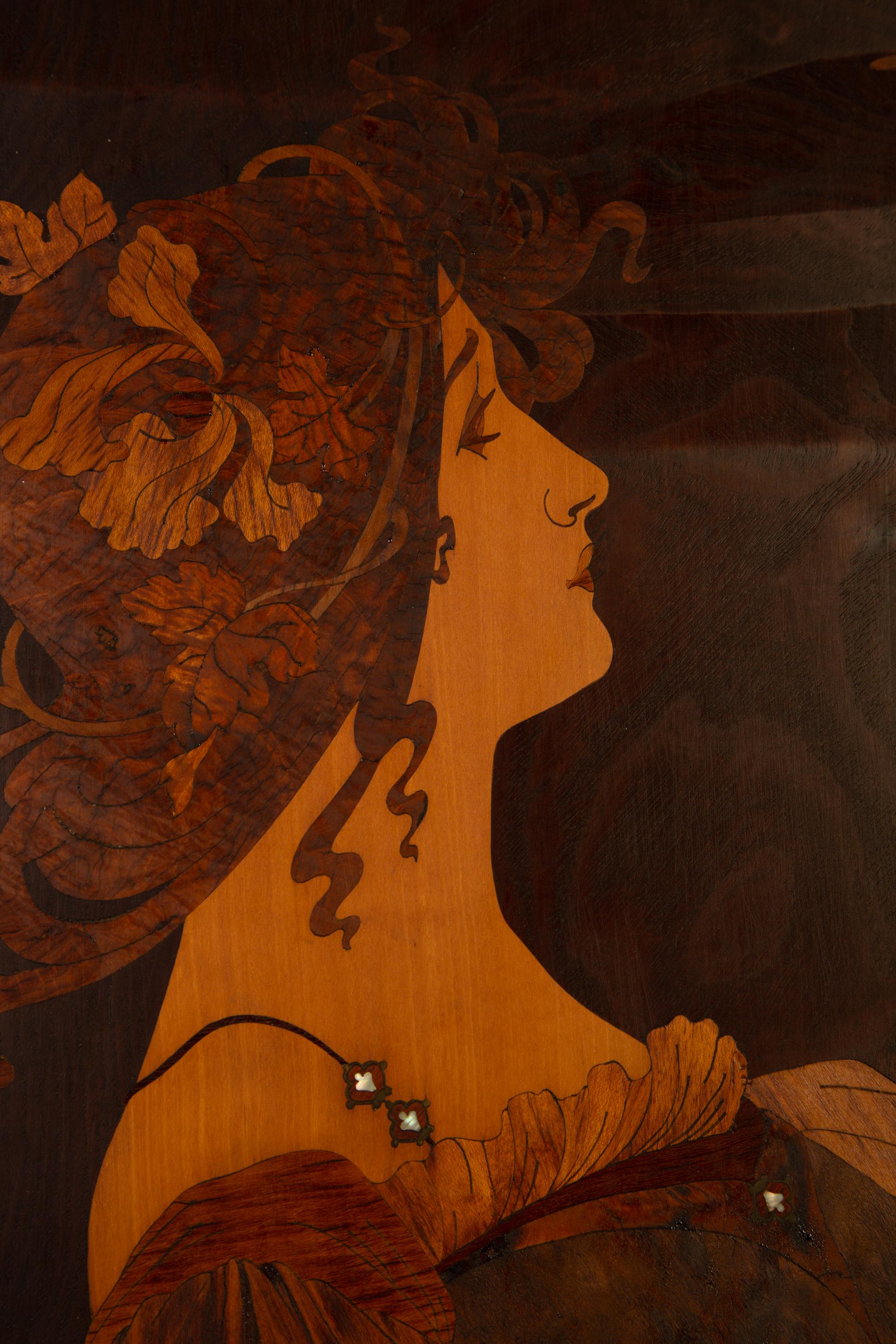 Art Nouveau Intarsia Wall Plaque of a Woman with Bird