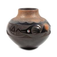 Micaceous Black and Sienna Jar, with Avanyu , 1981 Lot is located and will ship from Denver, Colorado.