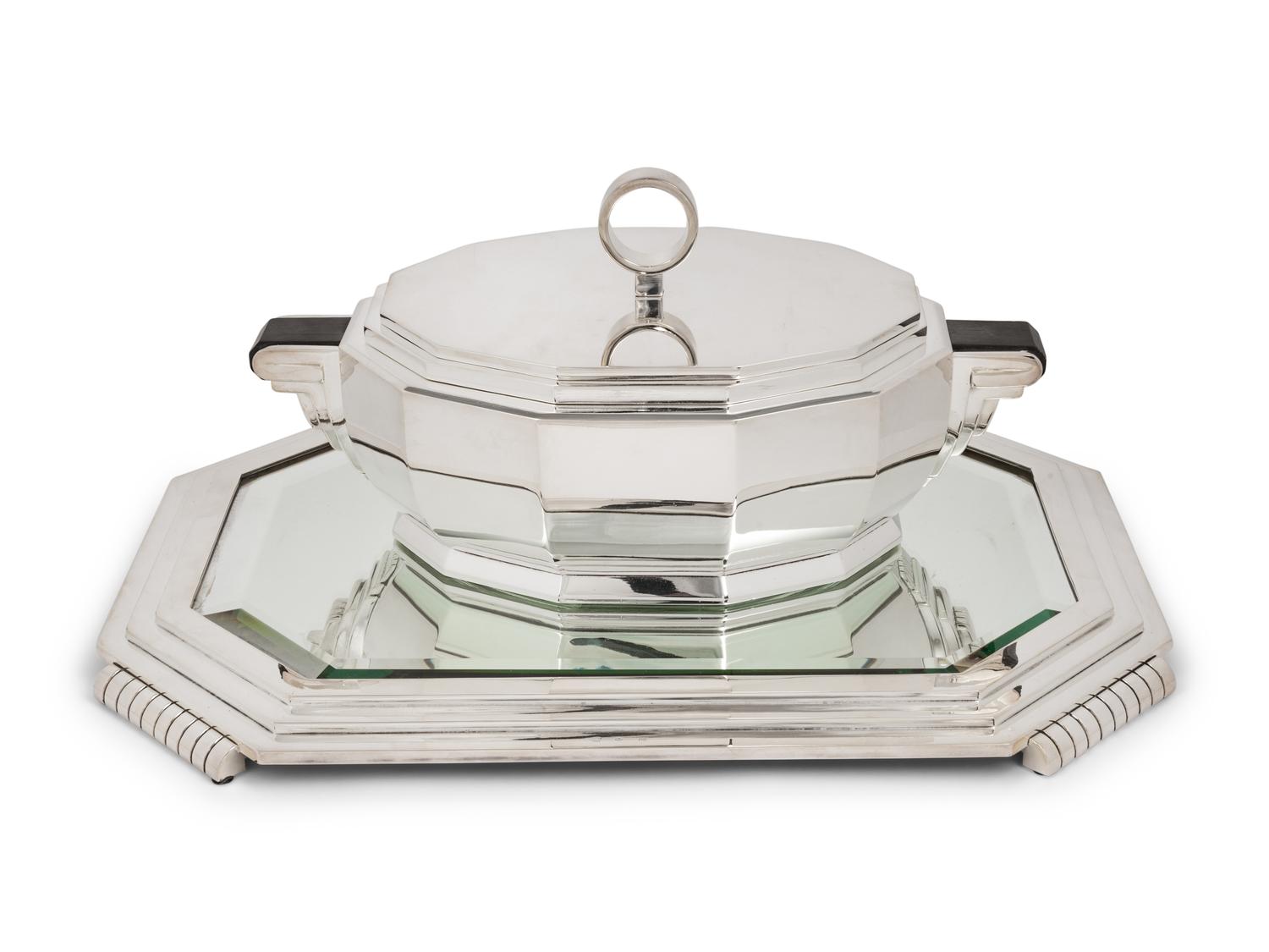 A French Art Deco Silver-Plate Tureen and Mirrored Plateau