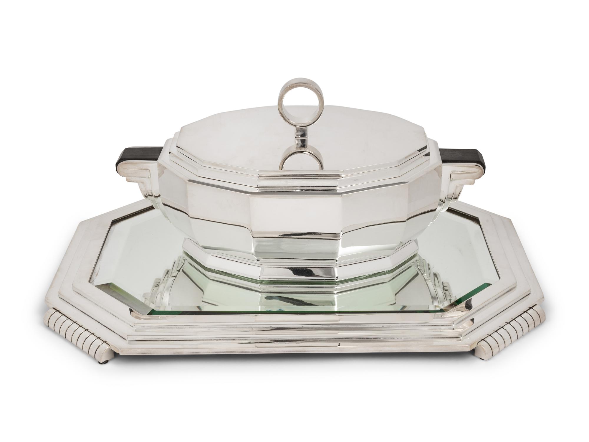 A French Art Deco Silver-Plate Tureen and Mirrored Plateau