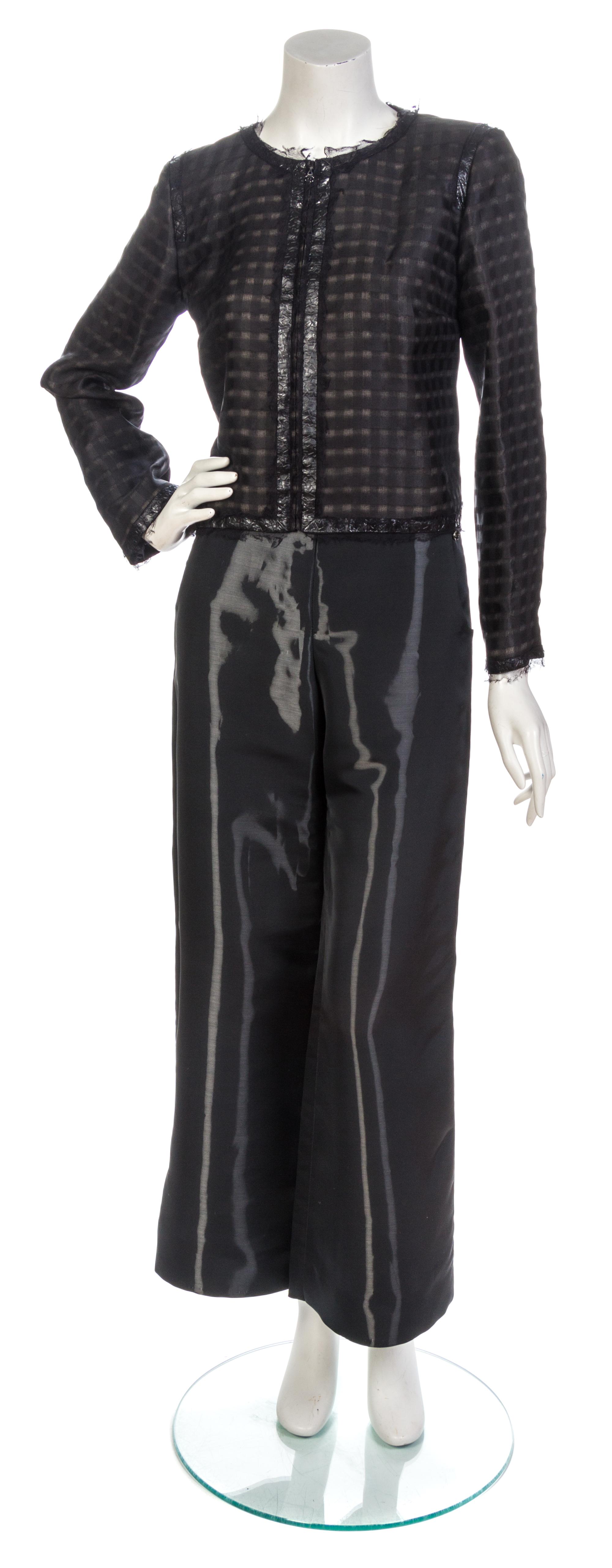 A Chanel Black Silk Pant Suit, Jacket size 42, pants size 42.