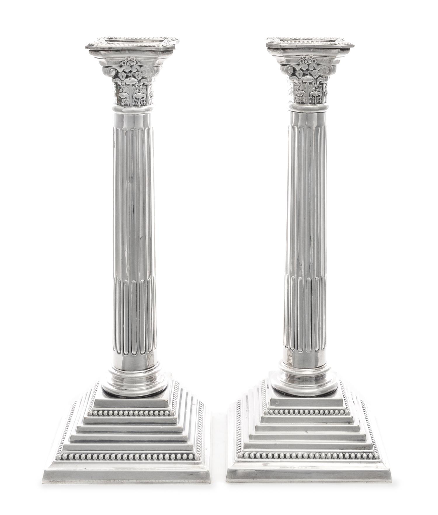 A Pair of English Silver-Plate Candlesticks, Mappin & Webb, Sheffield, Late 19th/20th Century, each in the form of a fluted Corinthian