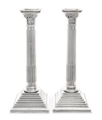 A Pair of English Silver-Plate Candlesticks, Mappin & Webb, Sheffield, Late 19th/20th Century, each in the form of a fluted Corinthian