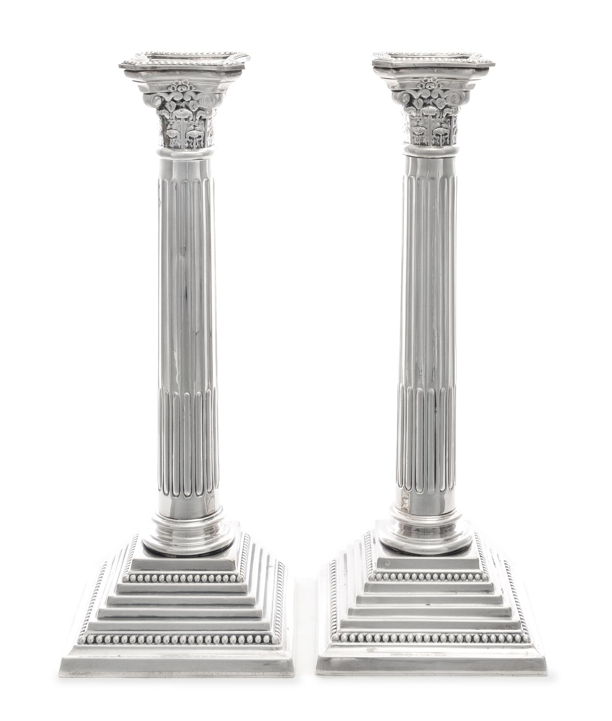 A Pair of English Silver-Plate Candlesticks, Mappin & Webb, Sheffield, Late 19th/20th Century, each in the form of a fluted Corinthian