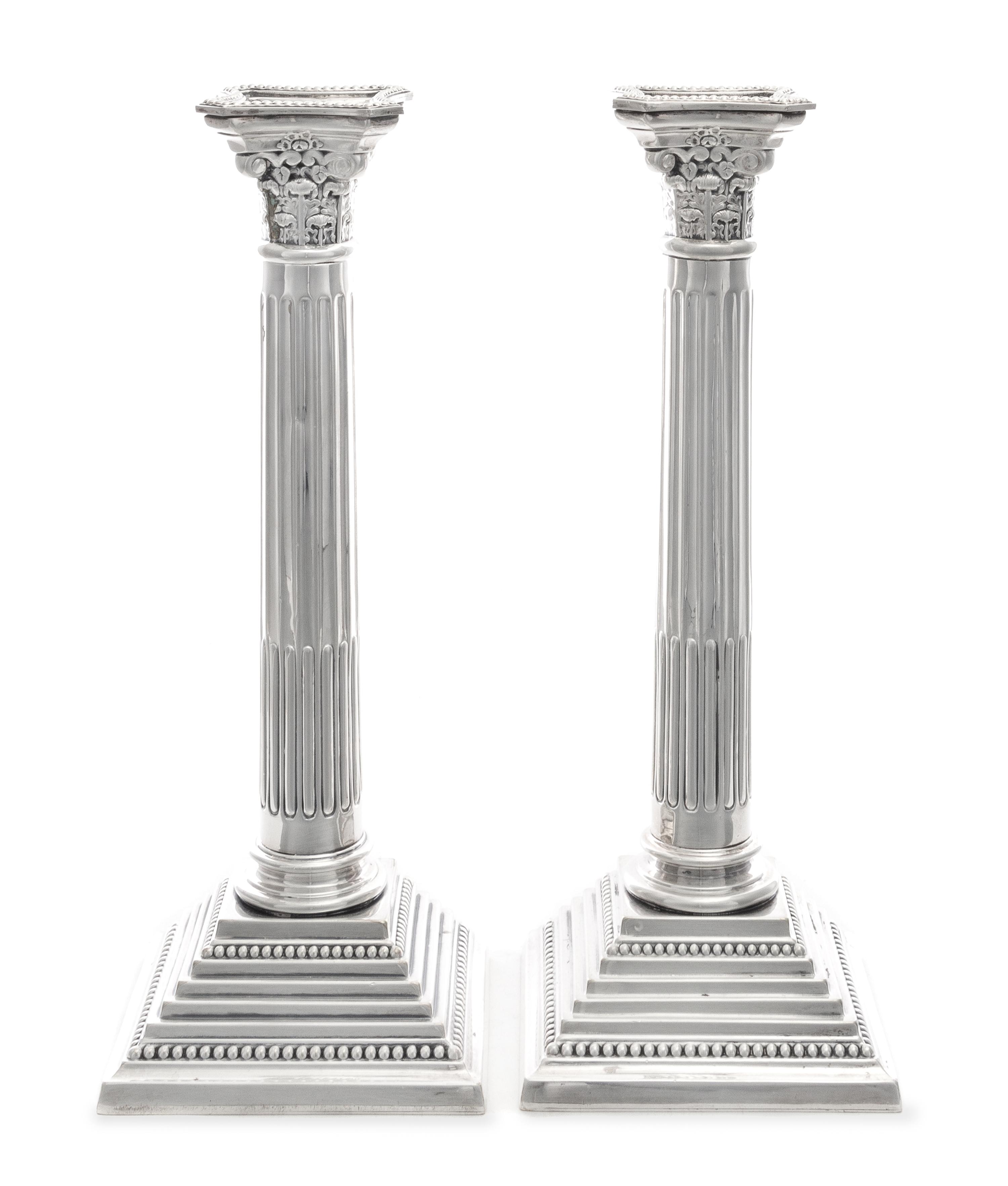 A Pair of English Silver-Plate Candlesticks, Mappin & Webb, Sheffield, Late 19th/20th Century, each in the form of a fluted Corinthian