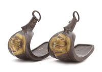 A Pair of Japanese Silver Inlaid Iron Stirrups, Abumi Height 9 1/4 x length 11 1/4 inches.