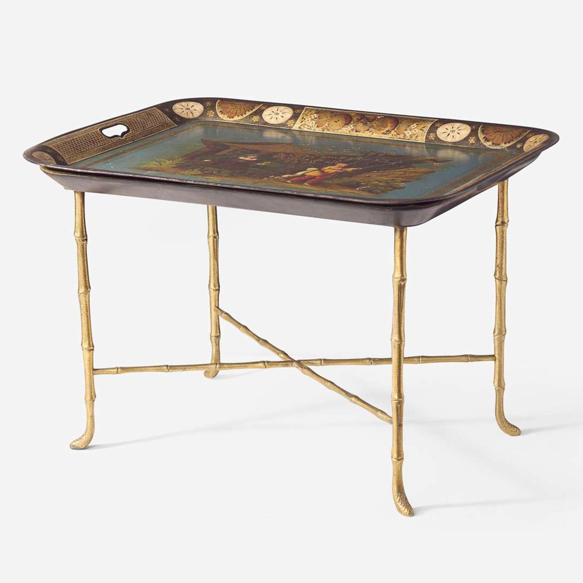 A Regency Chinoiserie tole tray with brass table base early 19th century and later