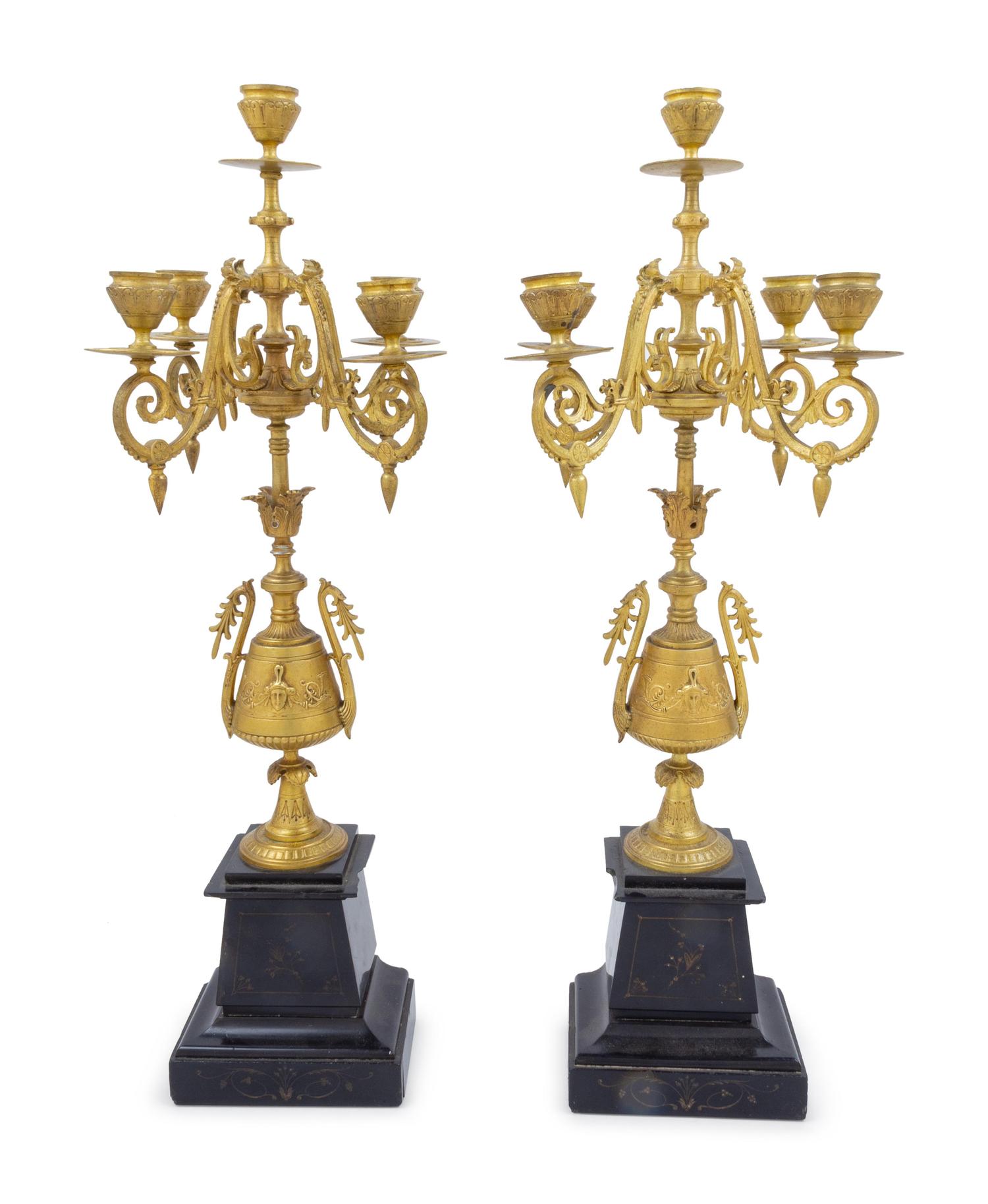 A Pair of Neoclassical Style Gilt Bronze and Slate Five-Light Candelabra