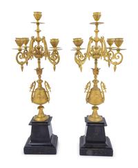 A Pair of Neoclassical Style Gilt Bronze and Slate Five-Light Candelabra