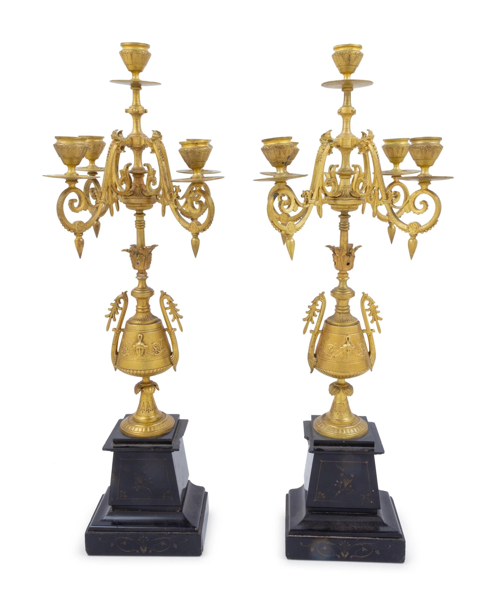 A Pair of Neoclassical Style Gilt Bronze and Slate Five-Light Candelabra