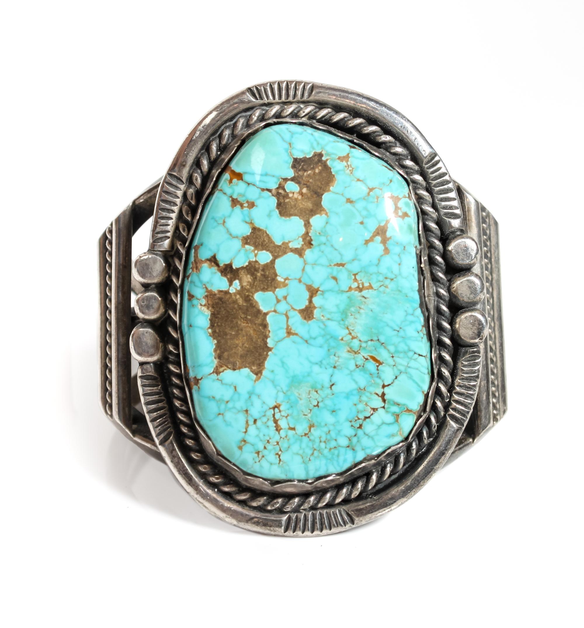Southwestern Silver and Turquoise Cuff Bracelet Length 5 1/4 x opening 1 x width 2 3/4 inches