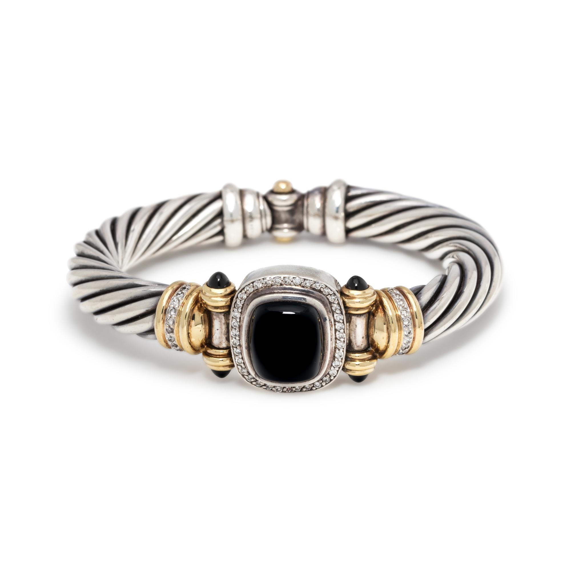 DAVID YURMAN, STERLING SILVER, YELLOW GOLD, ONYX AND DIAMOND CUFF BRACELET