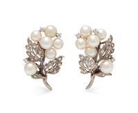 CULTURED PEARL AND DIAMOND EARCLIPS