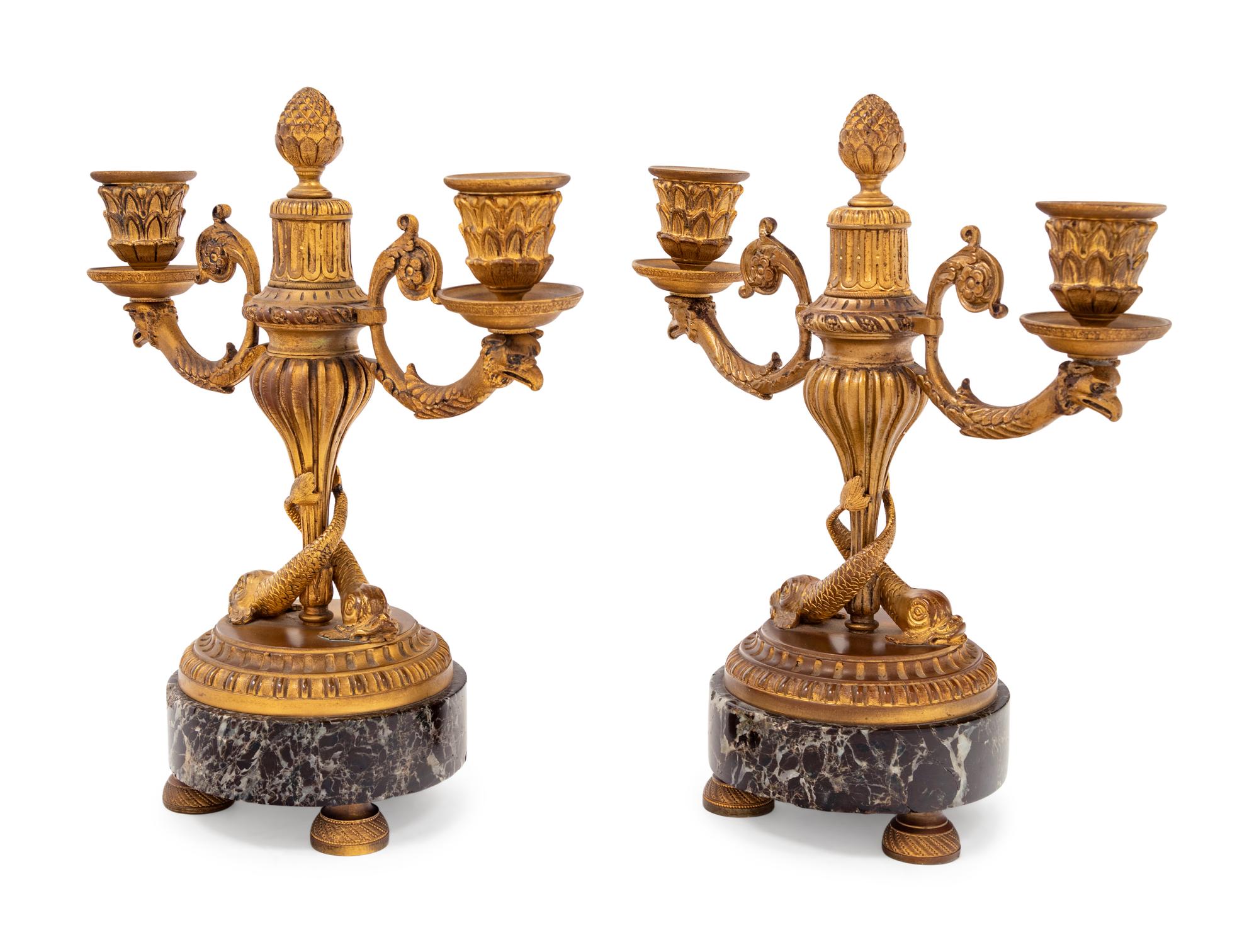 A Pair of French Gilt Bronze and Marble Two-Light Candelabra