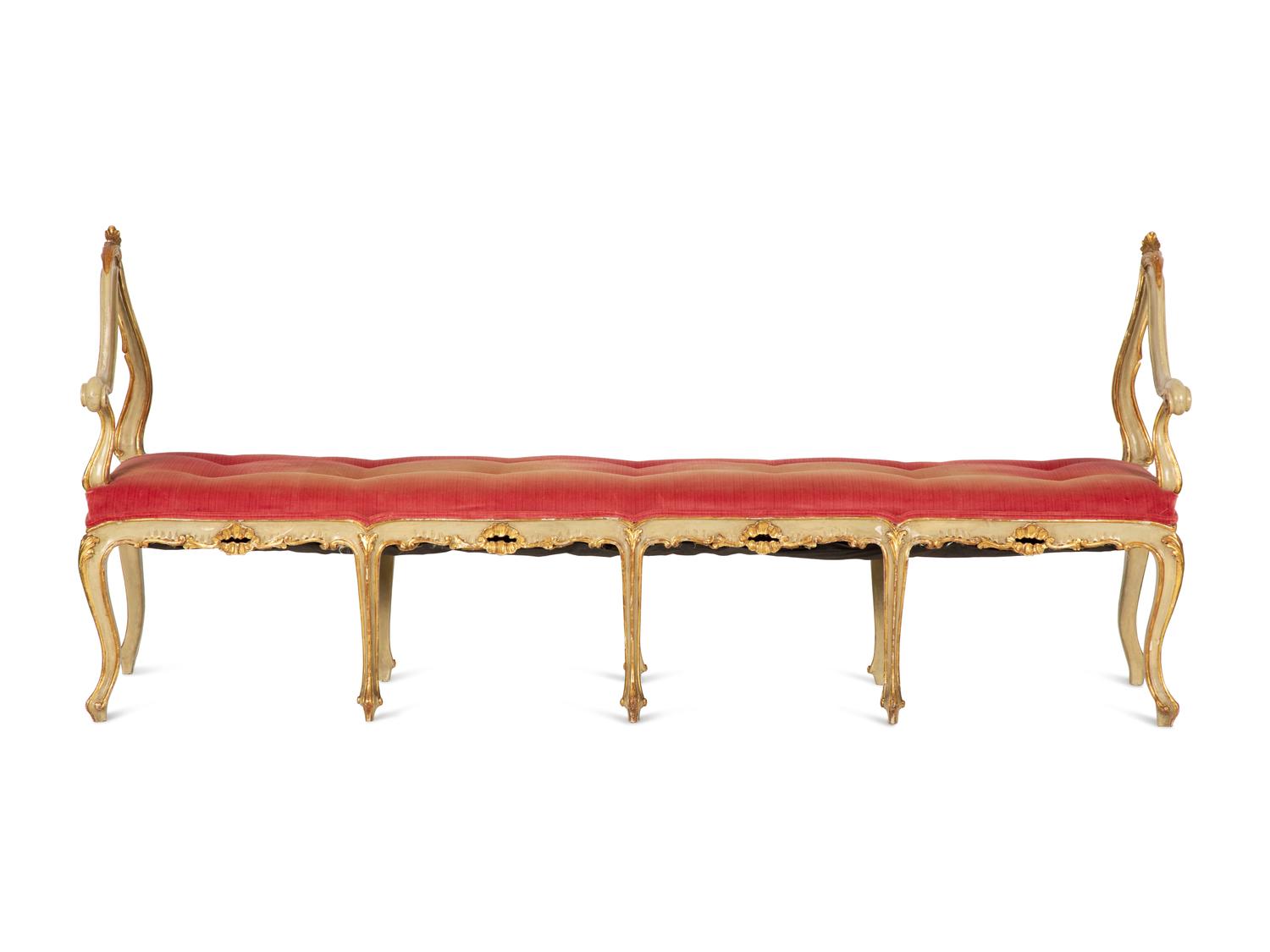 A Louis XV Style Painted and Parcel Gilt Hall Bench