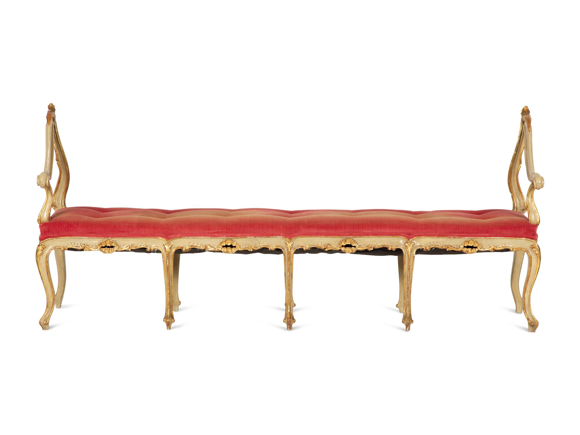 A Louis XV Style Painted and Parcel Gilt Hall Bench
