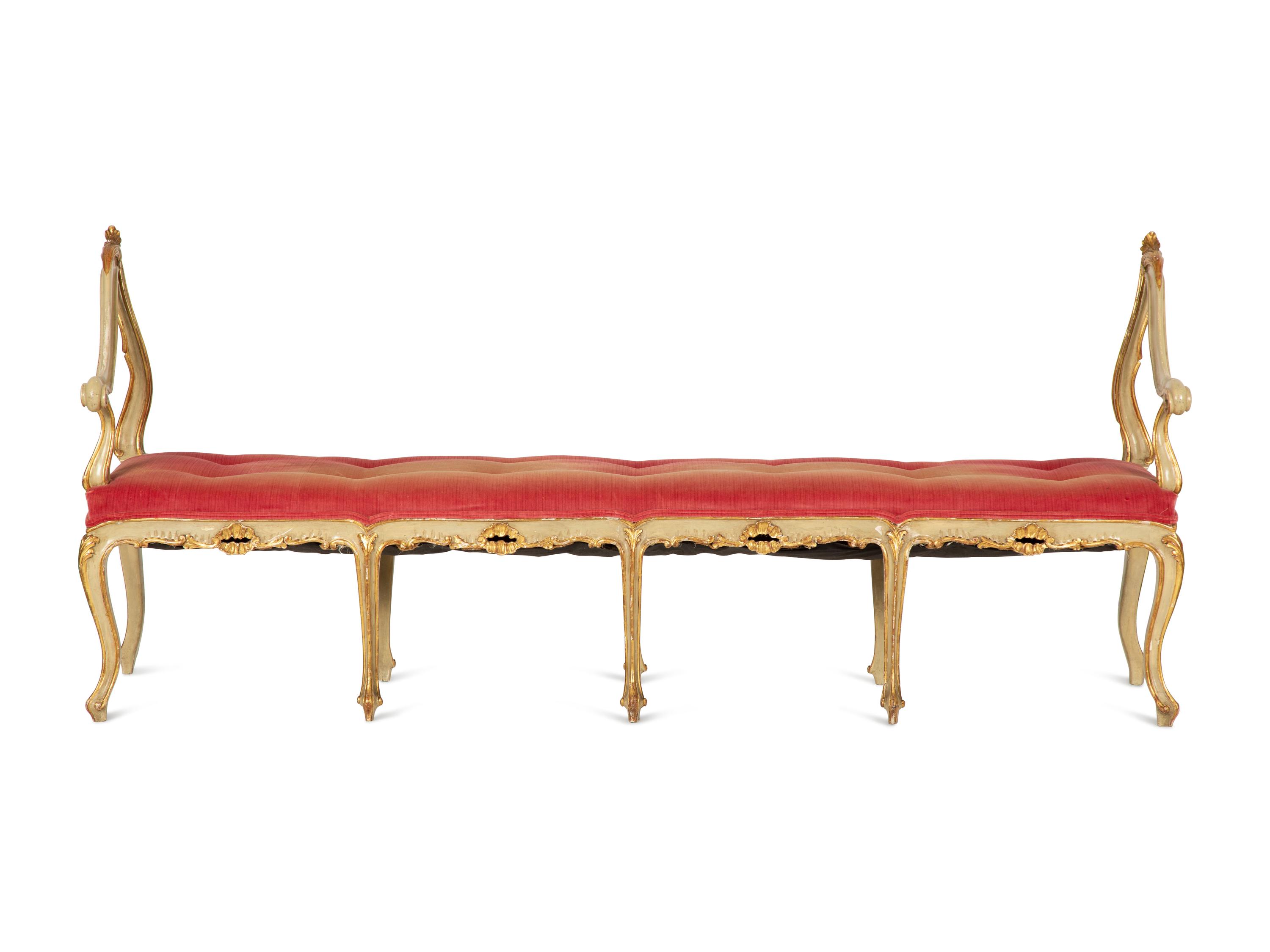 A Louis XV Style Painted and Parcel Gilt Hall Bench