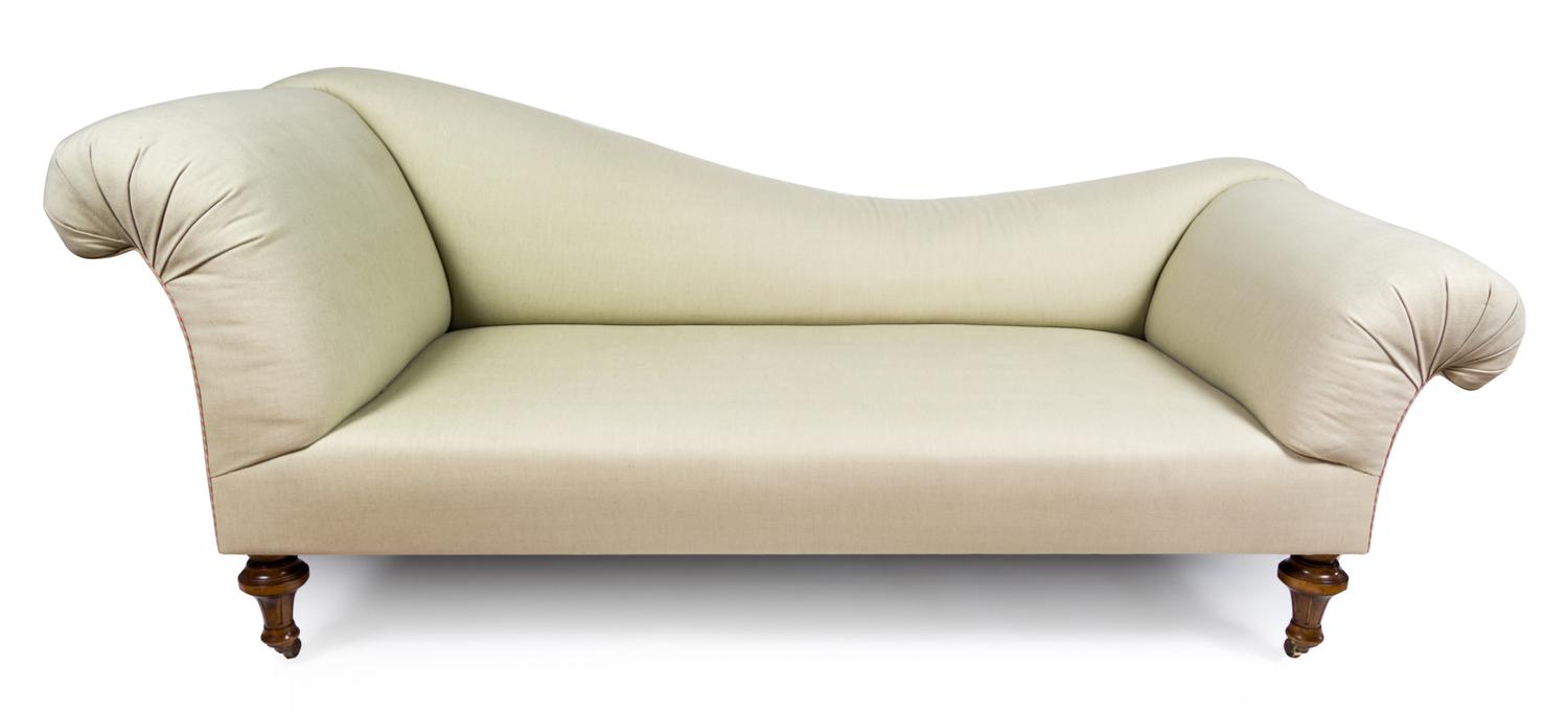 A Victorian Style Mahogany and Linen Upholstered Fainting Couch Length 80 inches.