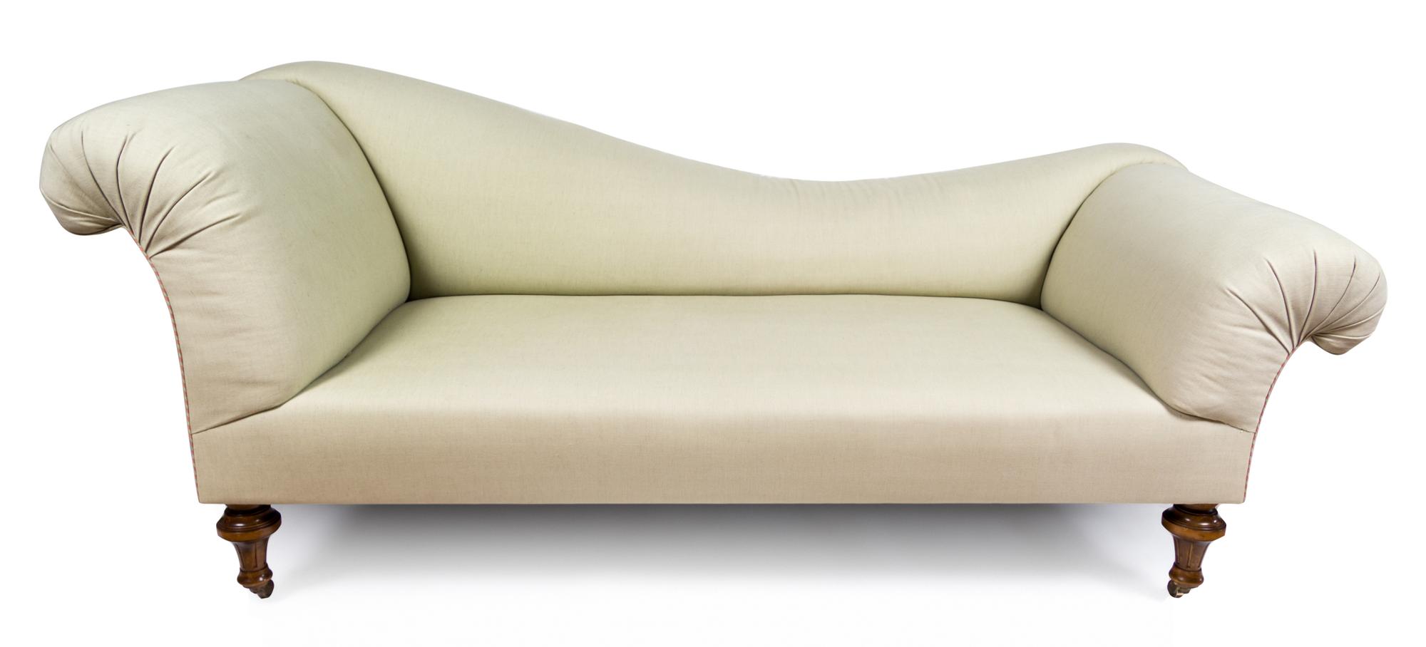 A Victorian Style Mahogany and Linen Upholstered Fainting Couch Length 80 inches.