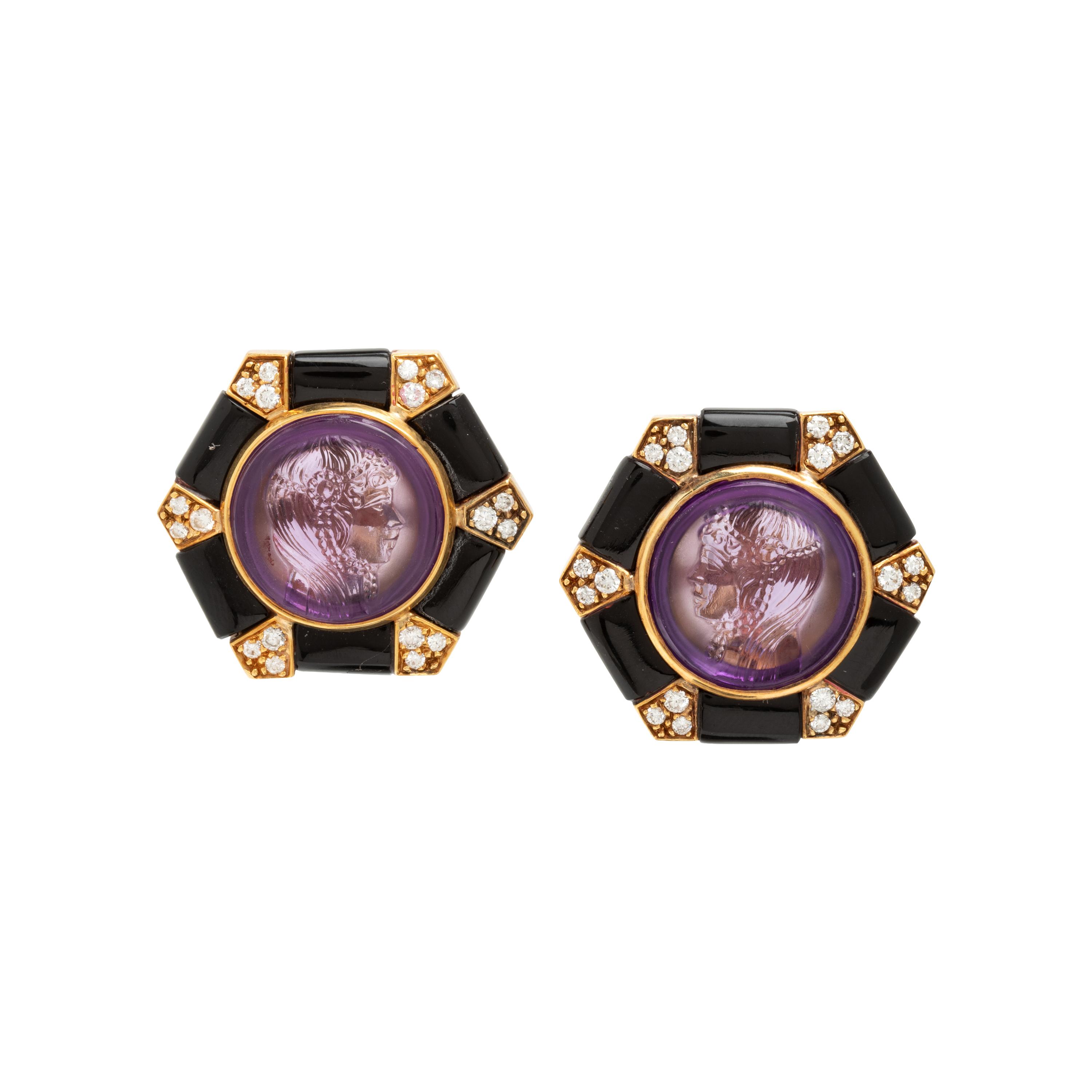 Amethyst Cameo, Diamond, and Onyx Earrings