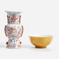 A Chinese yellow-ground “Dragon” bowl and an iron-red and underglaze blue “Dragon and Phoenix” vase