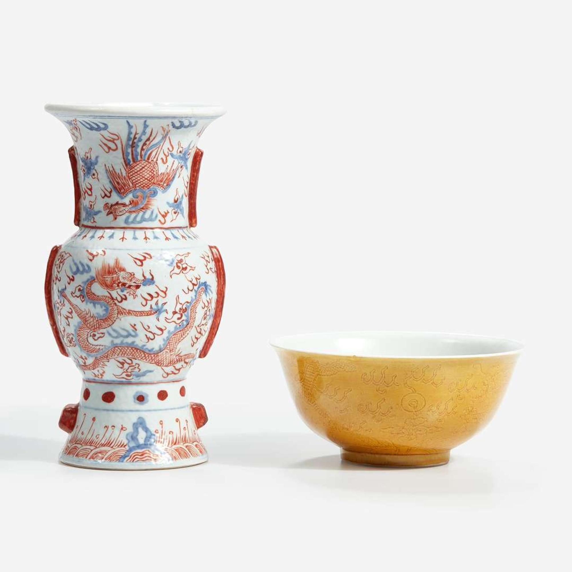 A Chinese yellow-ground “Dragon” bowl and an iron-red and underglaze blue “Dragon and Phoenix” vase