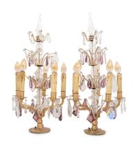 A Pair of Gilt Metal and Glass Four-Light Candelabra Lamps