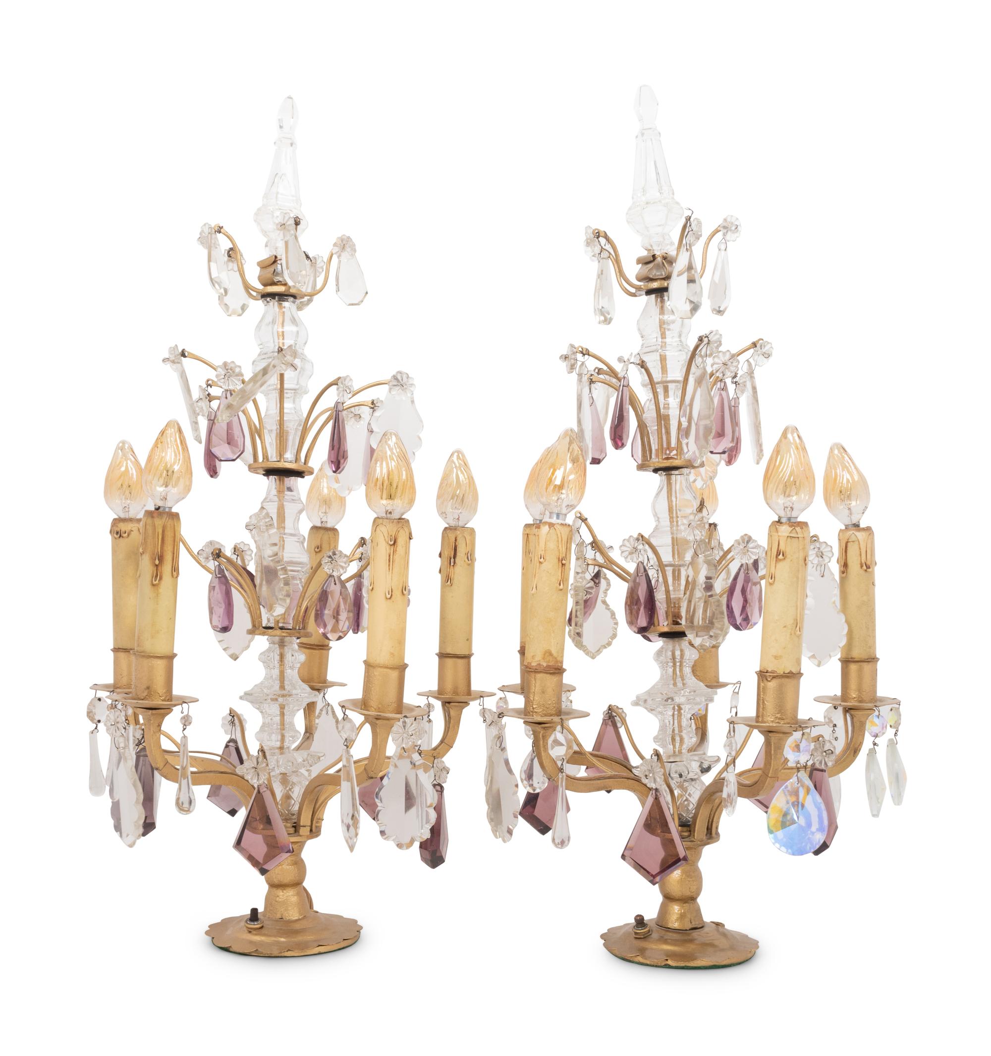 A Pair of Gilt Metal and Glass Four-Light Candelabra Lamps