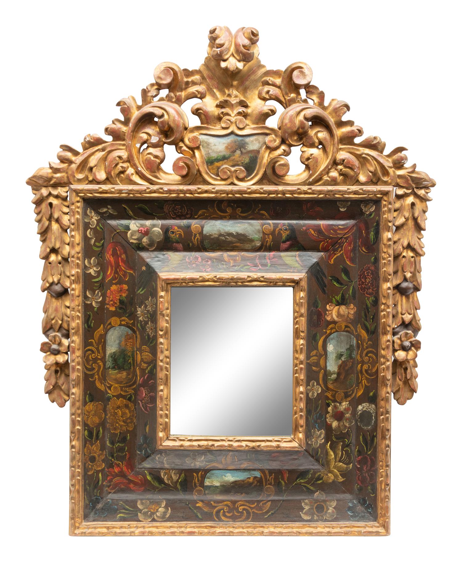 A Continental Baroque Style Giltwood and Polychrome-Painted Mirror