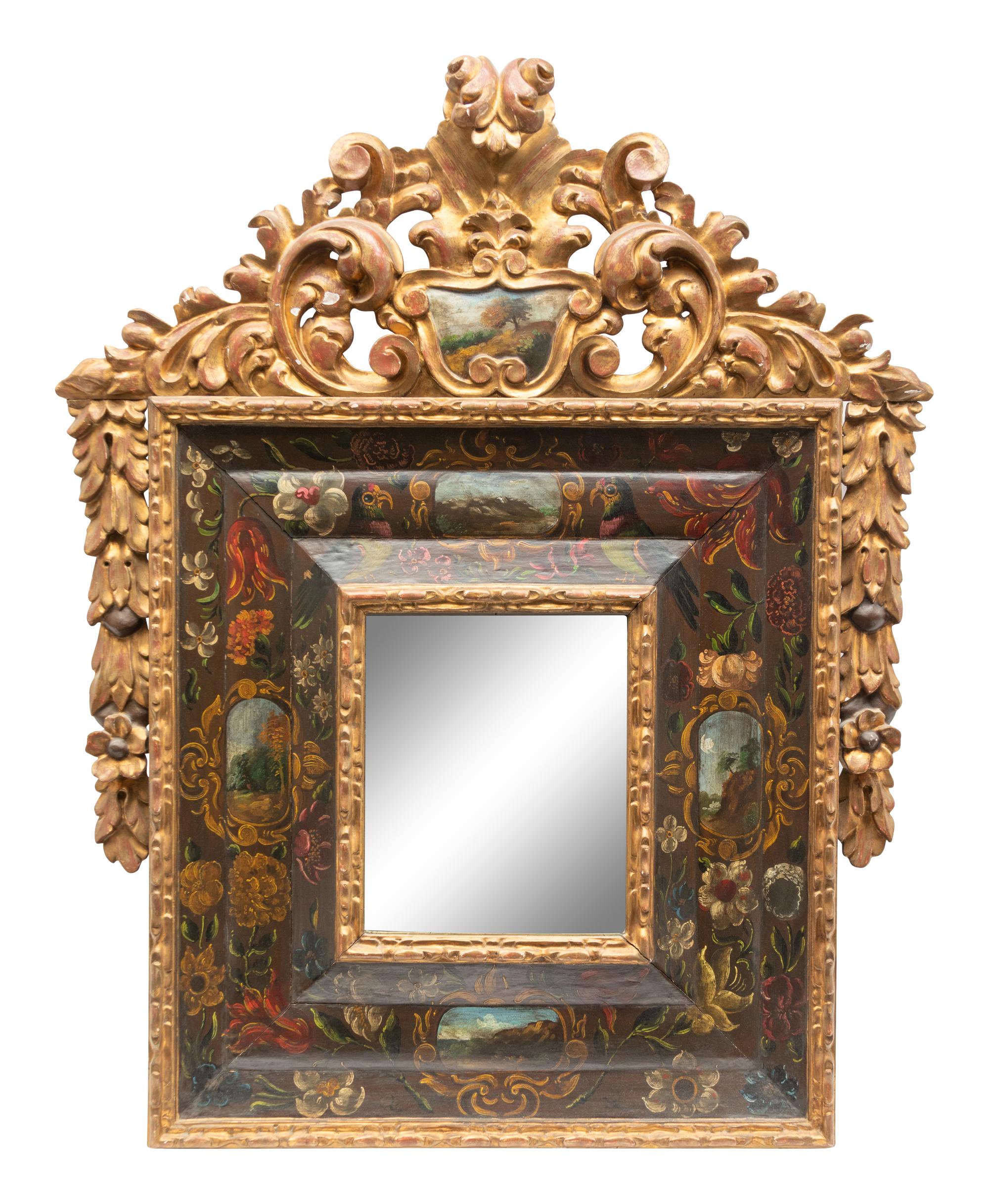 A Continental Baroque Style Giltwood and Polychrome-Painted Mirror