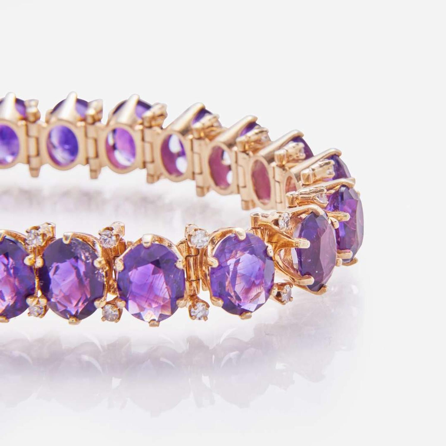 A 14K Yellow Gold, Amethyst, and Diamond Bracelet