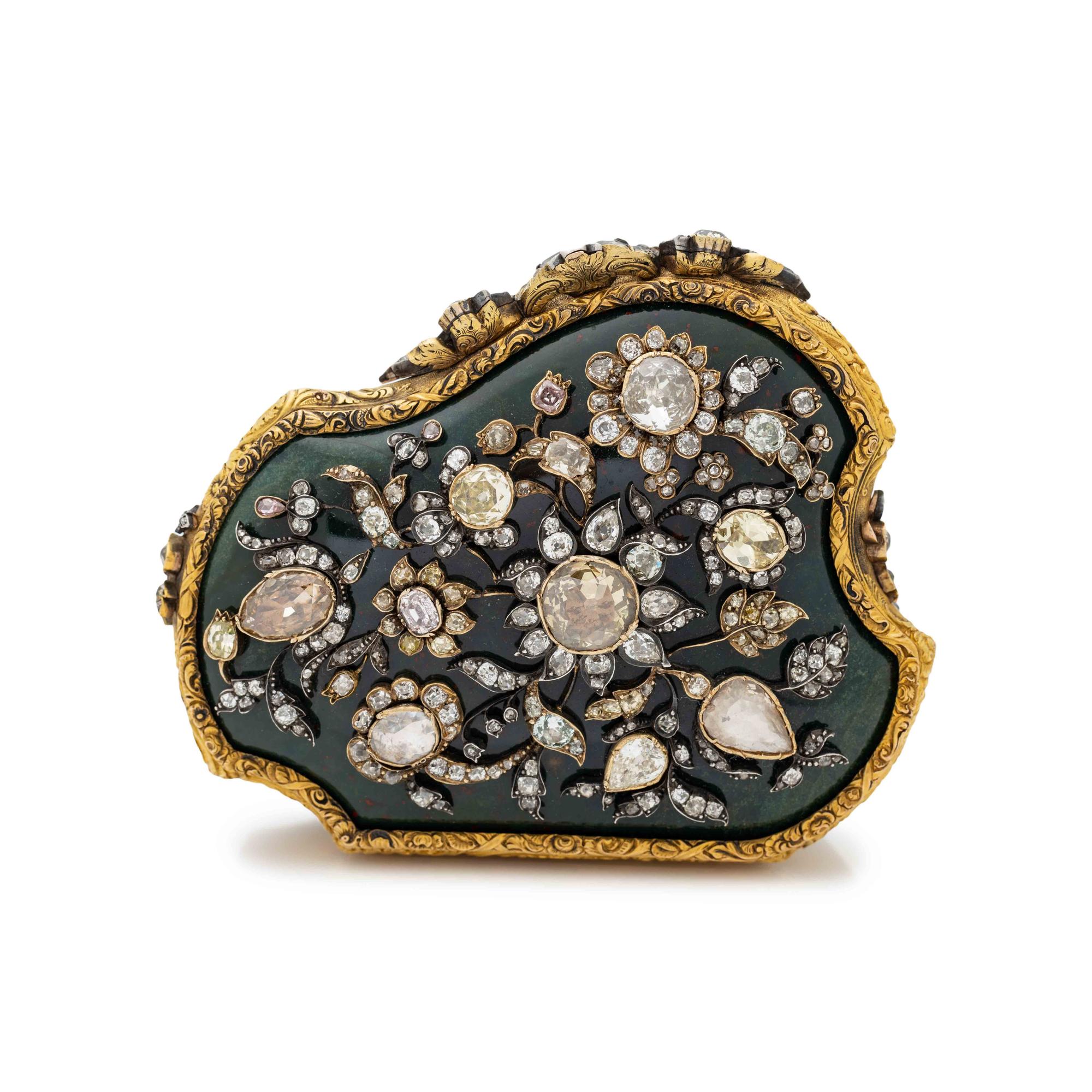 A Diamond, Colored Diamond and Gold Mounted Bloodstone Box