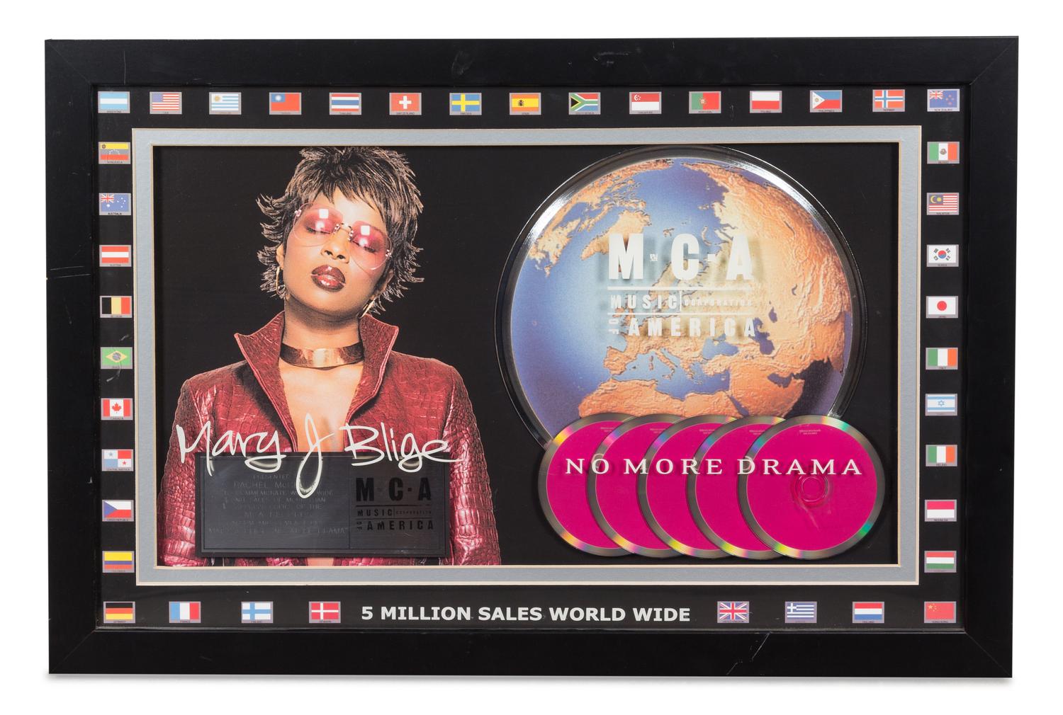 A Mary J. Blige: No More Drama M.C.A Certified 5 Million Worldwide Copies Sold Presentation Album 20 1/4 x 30 1/2 inches.
