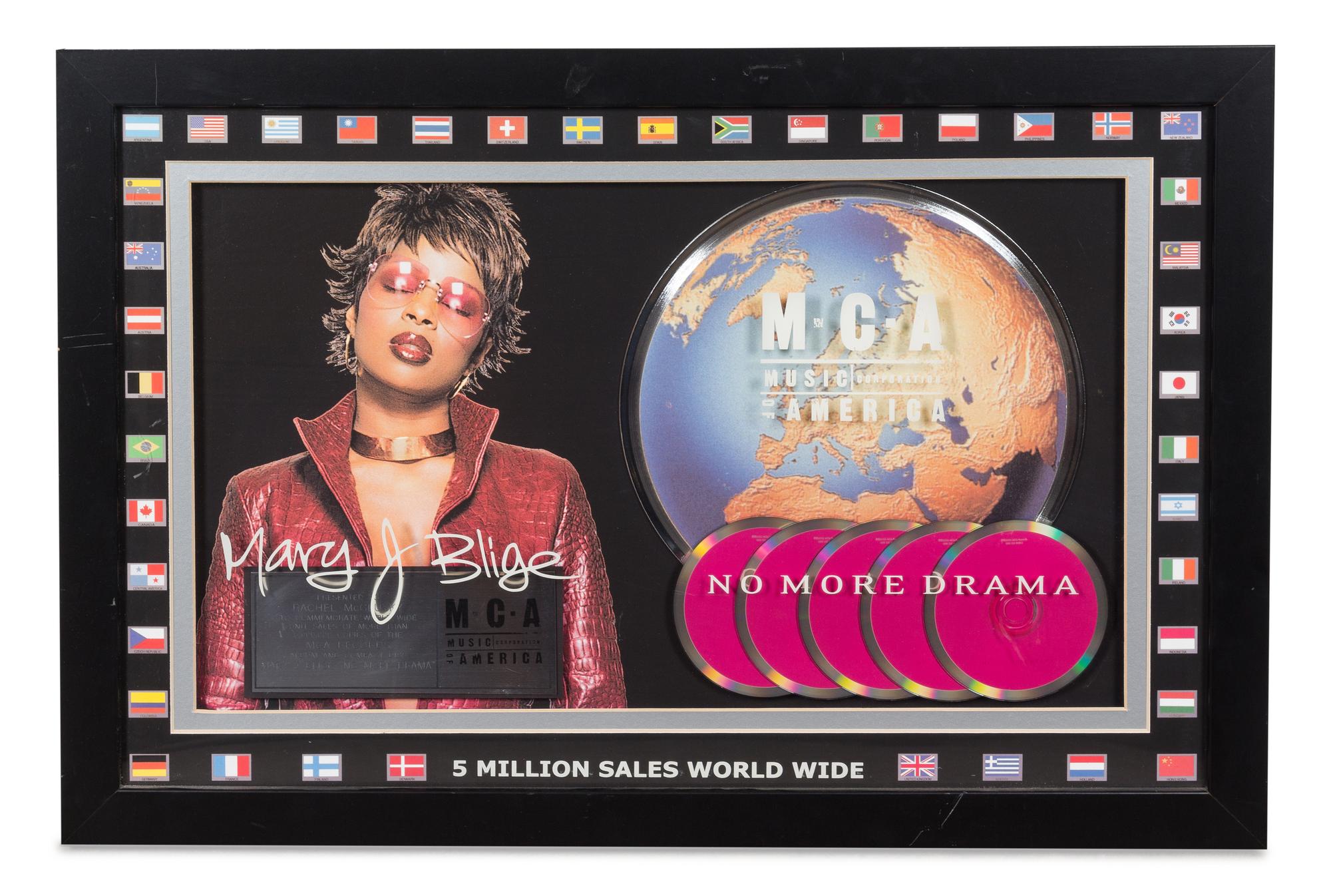 A Mary J. Blige: No More Drama M.C.A Certified 5 Million Worldwide Copies Sold Presentation Album 20 1/4 x 30 1/2 inches.