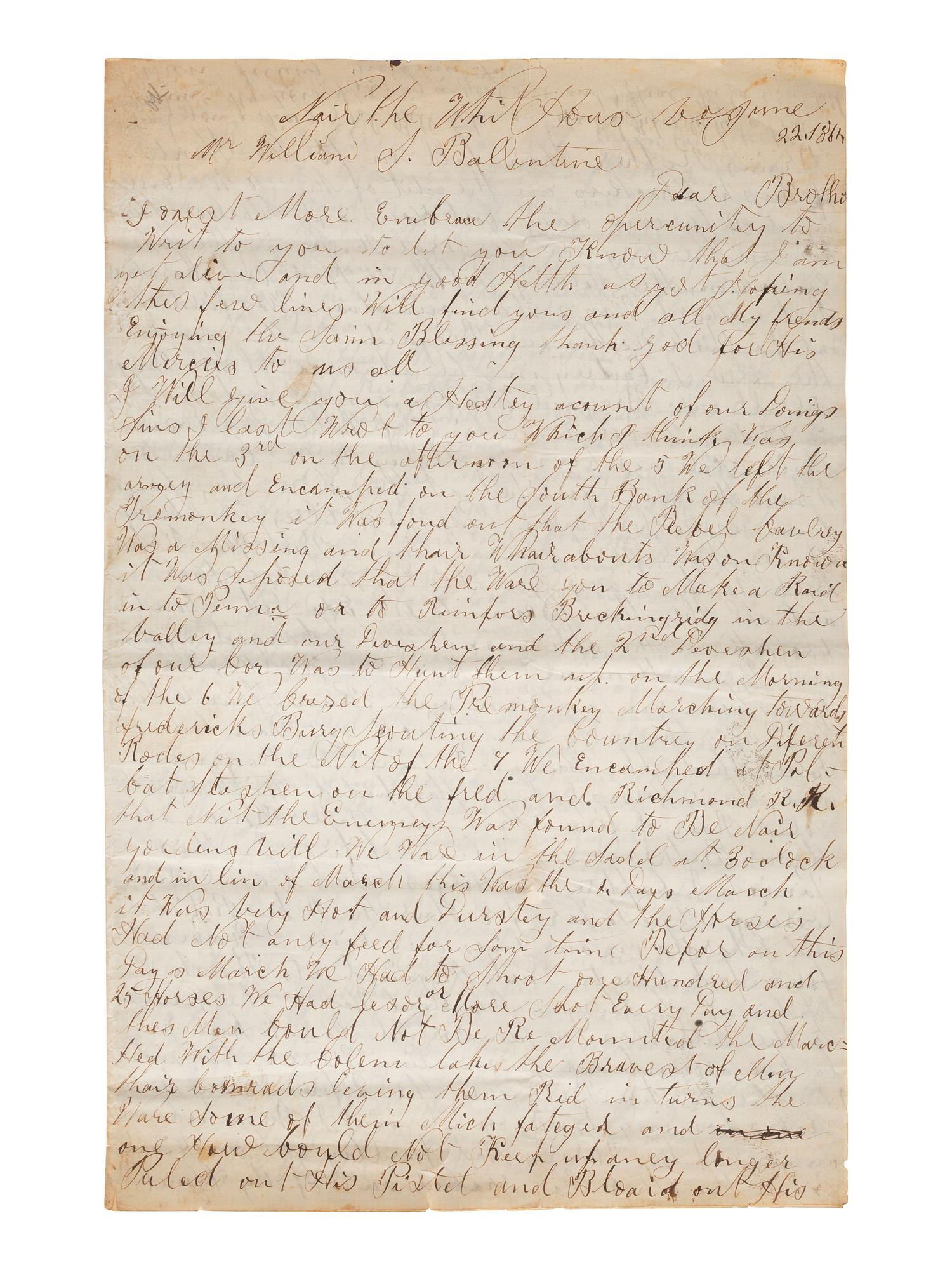 [CIVIL WAR]. Manuscript archive of Sergeant Hamilton Ballentine (1833-1920), Co. K, 6th Pennsylvania Cavalry, "Rush's Lancers," featuring battle content from key engagements and descriptions of "Sheridan's Raiders."