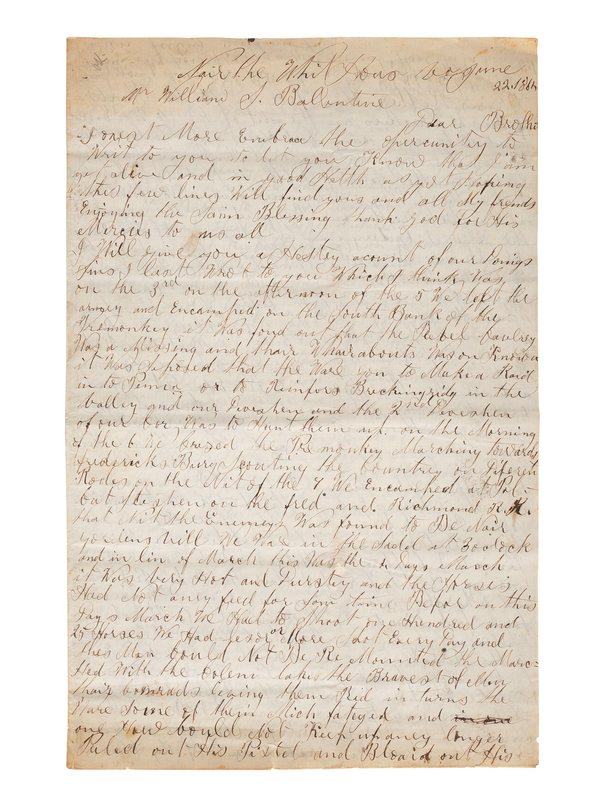 [CIVIL WAR]. Manuscript archive of Sergeant Hamilton Ballentine (1833-1920), Co. K, 6th Pennsylvania Cavalry, "Rush's Lancers," featuring battle content from key engagements and descriptions of "Sheridan's Raiders."