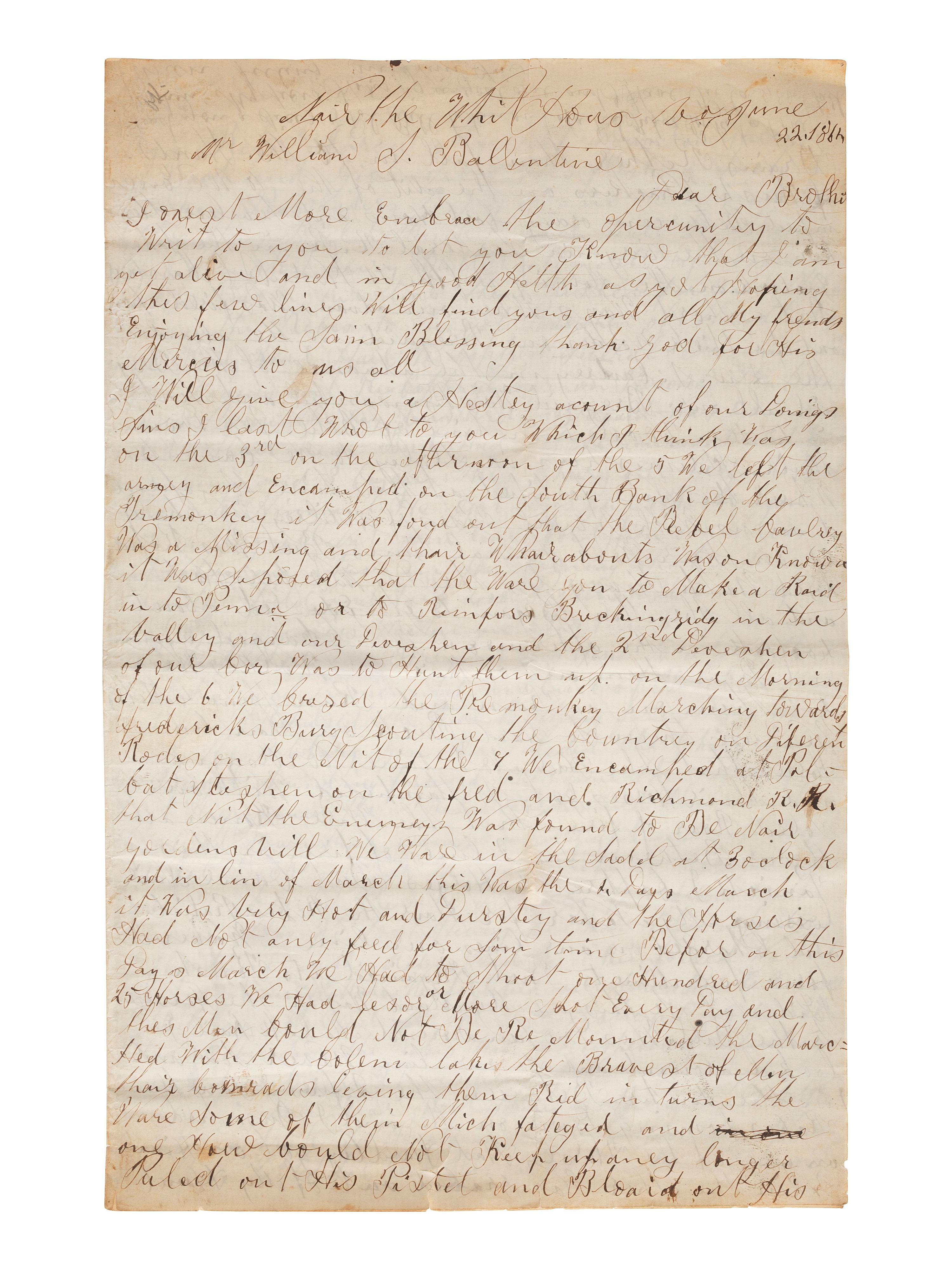 [CIVIL WAR]. Manuscript archive of Sergeant Hamilton Ballentine (1833-1920), Co. K, 6th Pennsylvania Cavalry, "Rush's Lancers," featuring battle content from key engagements and descriptions of "Sheridan's Raiders."