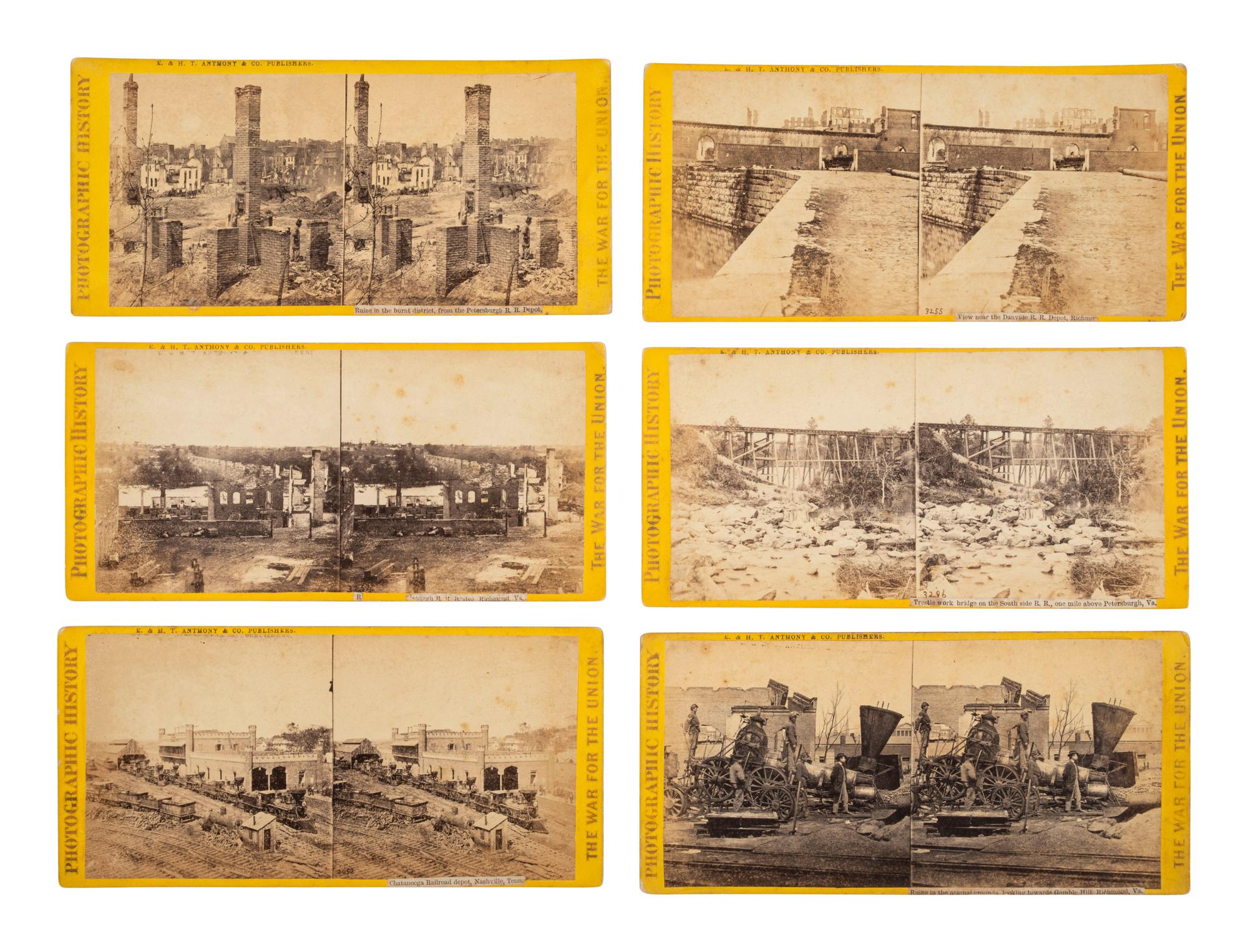 [CIVIL WAR]. 11 stereoviews ft. railroad depots, locomotives, & other transportation subjects.
