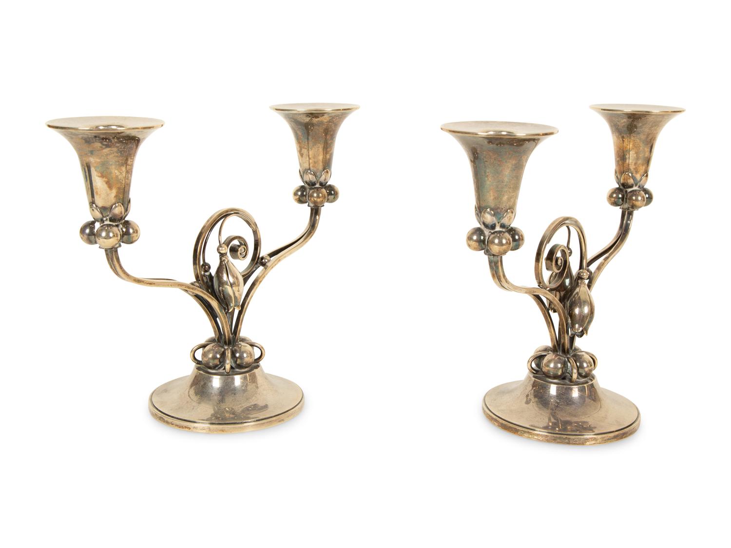 A Pair of Georg Jensen Silver Two-Light Candelabra