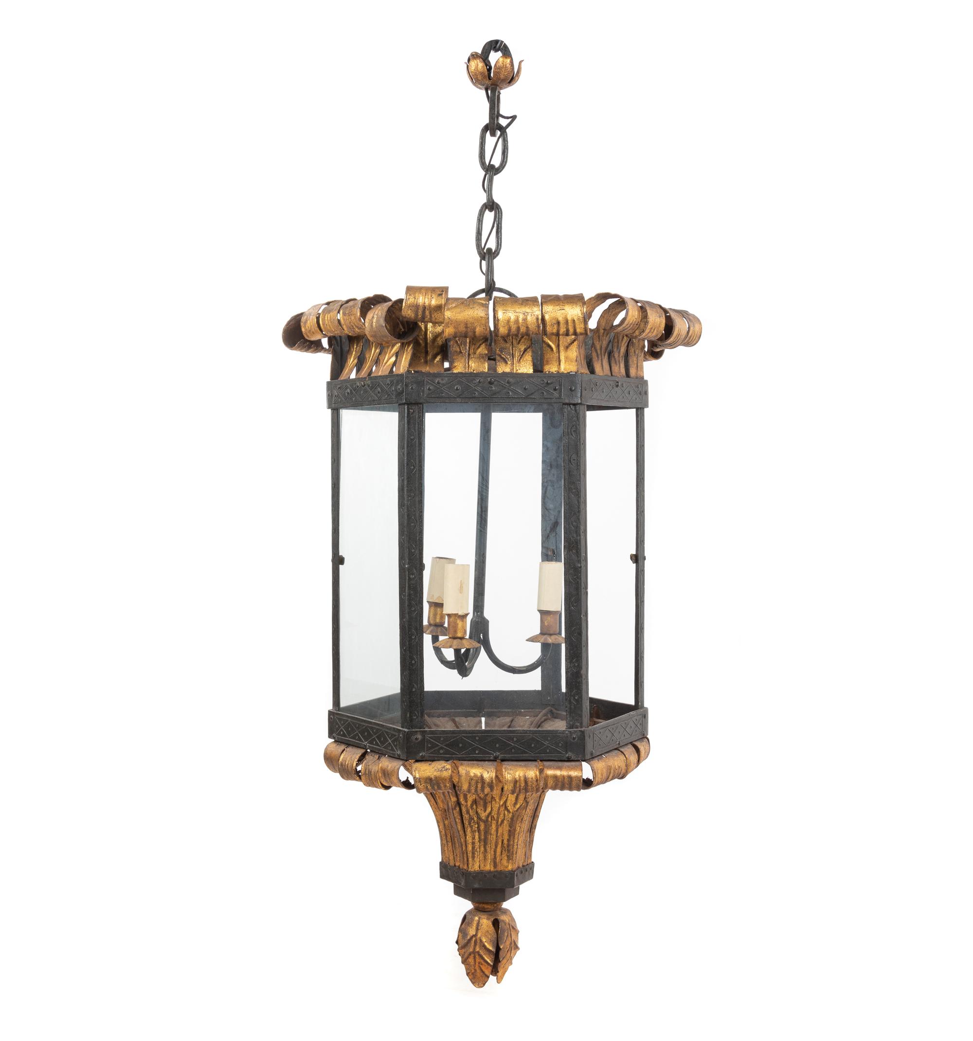 An Iron and Gilt Tôle Hall Lantern
